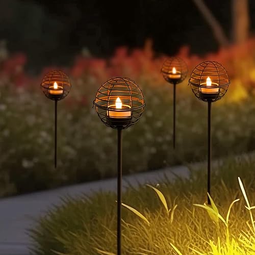 Miniatura 8 de Faroles solares colgantes para exteriores, impermeables, portavelas de bola de hierro óxido con luces de té parpadeantes alimentadas por energía