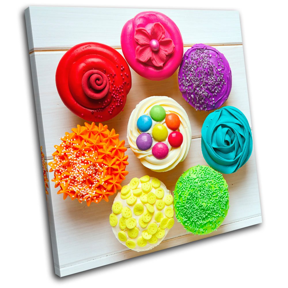 Bold Bloc Design - Cupcakes colour Food Kitchen - 90x90cm Canvas Art Print Box Framed Picture Wall Hanging - Hand Made In The Uk - Framed And Ready To Hang