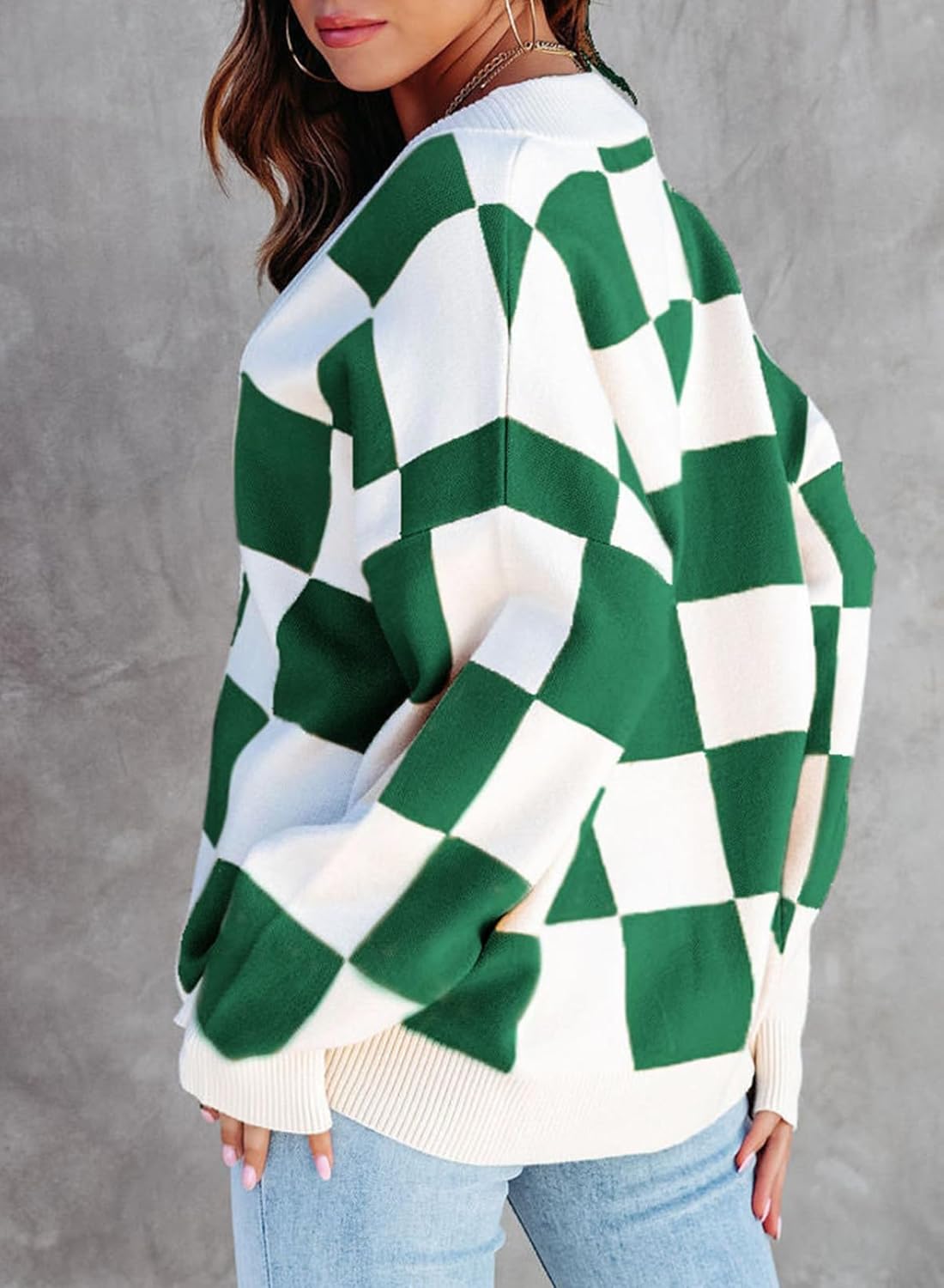 Dokotoo Womens Plaid V Neck Button Down Long Sleeve Cable Knit Oversized Cardigan Sweaters Tops - Image 3