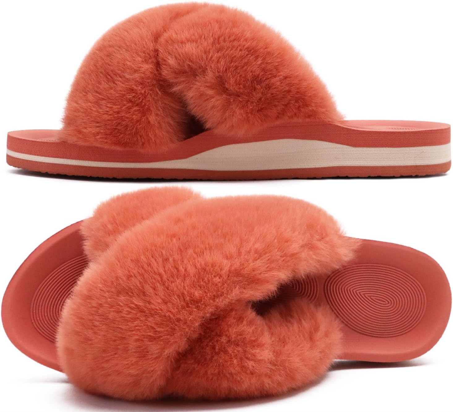 COFACE Womens Fuzzy Slides Fluff Faux Fur Cross Slippers Open Toe Yoga Mat House Slipper Sandals With Arch Support For Indoor/Outdoor