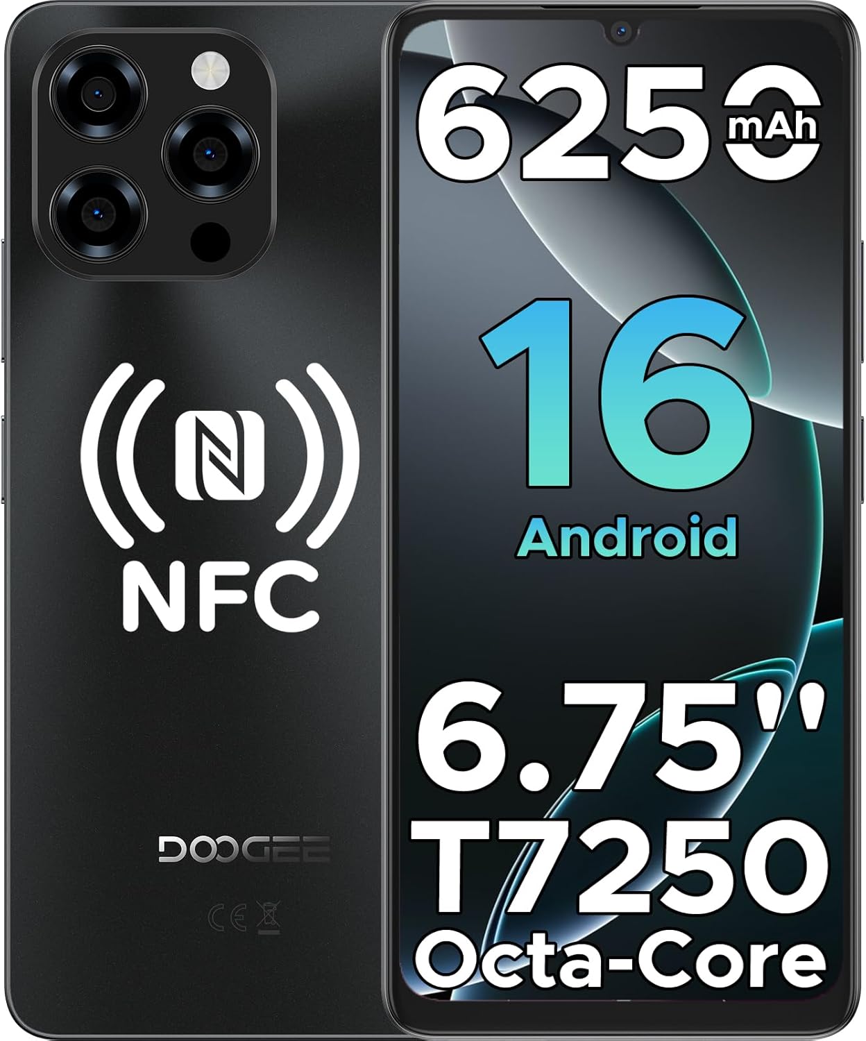 DOOGEE Note 58 Pro Mobile Phones, Newest Android 16 Smartphone, 6250mAh& 32(8+24) GB+256GB/2TB, 6.75" HD+ 90Hz Display, 4G Dual SIM Free Unlocked Phones, Widevine L1, Fingerprint/Face ID/OTG