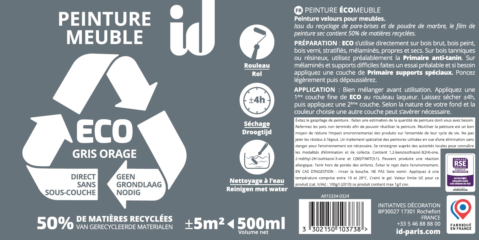 Peinture ECO pour boiseries et meubles - vert fougère 500ml - ID PARIS