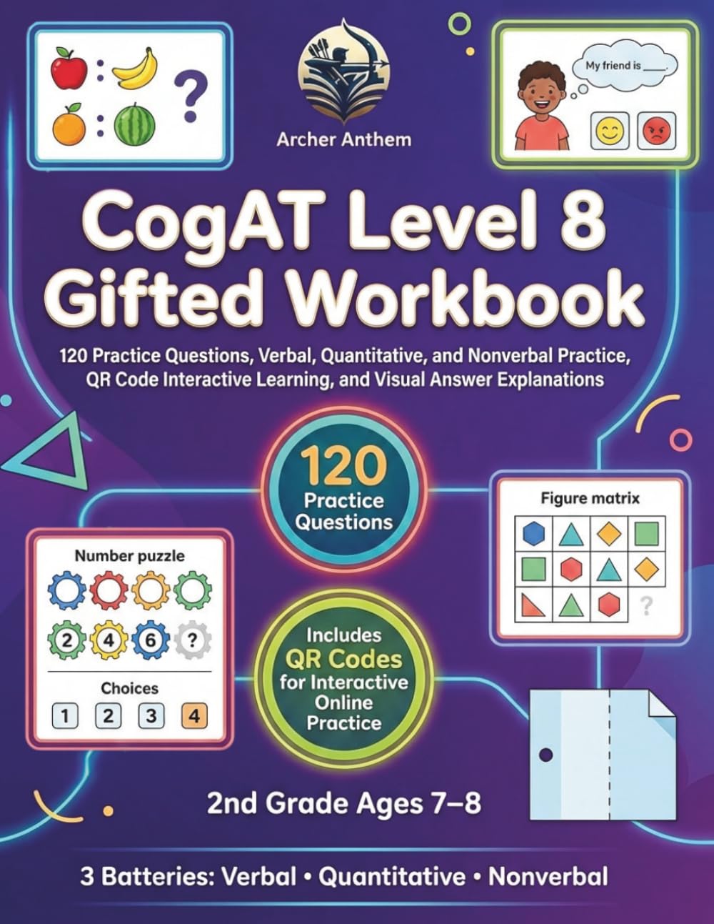 CogAT Level 8 Gifted Workbook for 2nd Grade: 120 Practice Questions, Verbal, Quantitative, and Nonverbal Practice, QR Code Interactive Learning, and Visual Answer Explanations