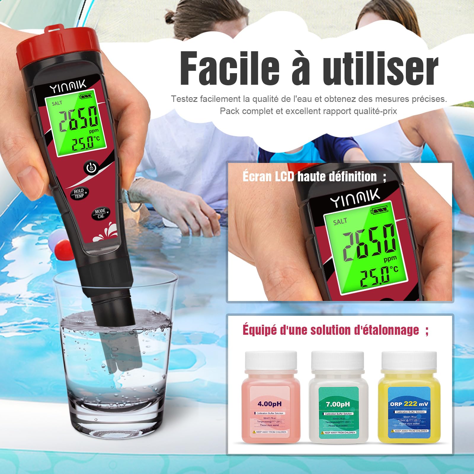 YINMIK 7 en 1 Professionnel pH Mètre Piscine Chlore Sel, Électronique pour Aquarium, Hydroponie et Eau de Piscine, Mesure pH, EC et TDS