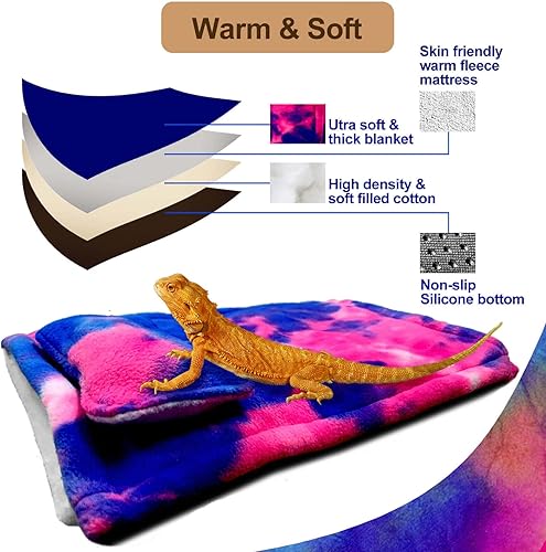 Reptile Sleeping Bed Lizard Leash Harness Wings Set Bearded Dragon Sleeping Bag with Blanket Pillow Reptile Accessories Warm Cotton Nest Hide Habitat Shelter for Guinea Pig Rat Hamster(TieDye + White)
