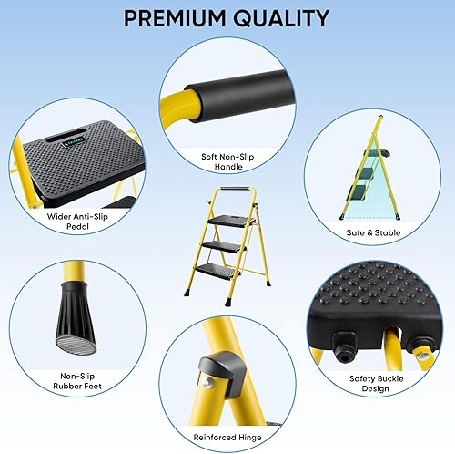 Miniatura 2 de TICONN Escalera de 3 escalones, taburete plegable resistente, taburete plegable de acero portátil para almacenamiento de garaje doméstico (amarillo)