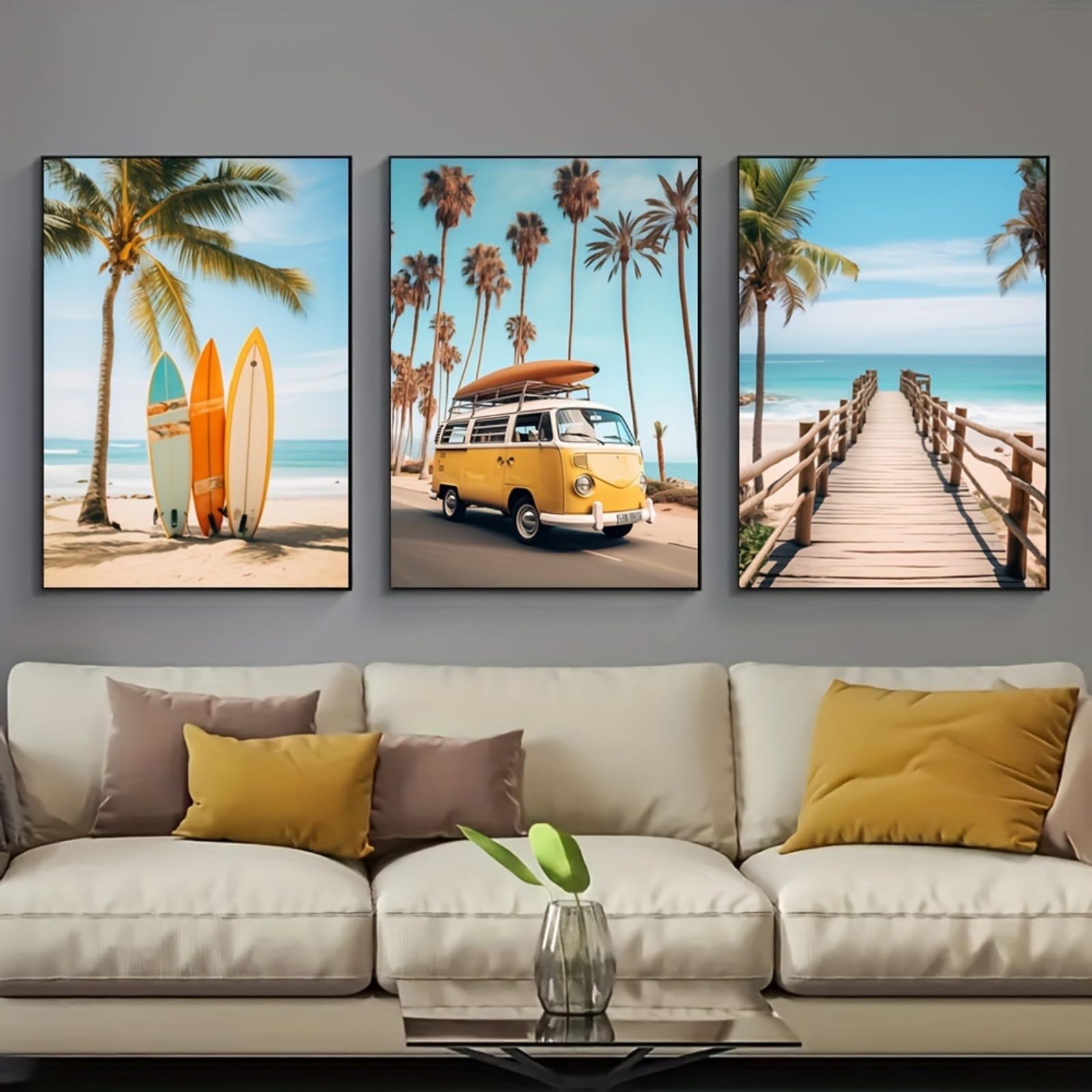 JORCEDI Retro Beach Canvas Wall Art Set of 3, Surf Bus Palm Tree Surfboard Tropical Posters Prints, California Coastal Living Room Bathroom Decor, 30x40cm, Unframed (50x70 cm,A)