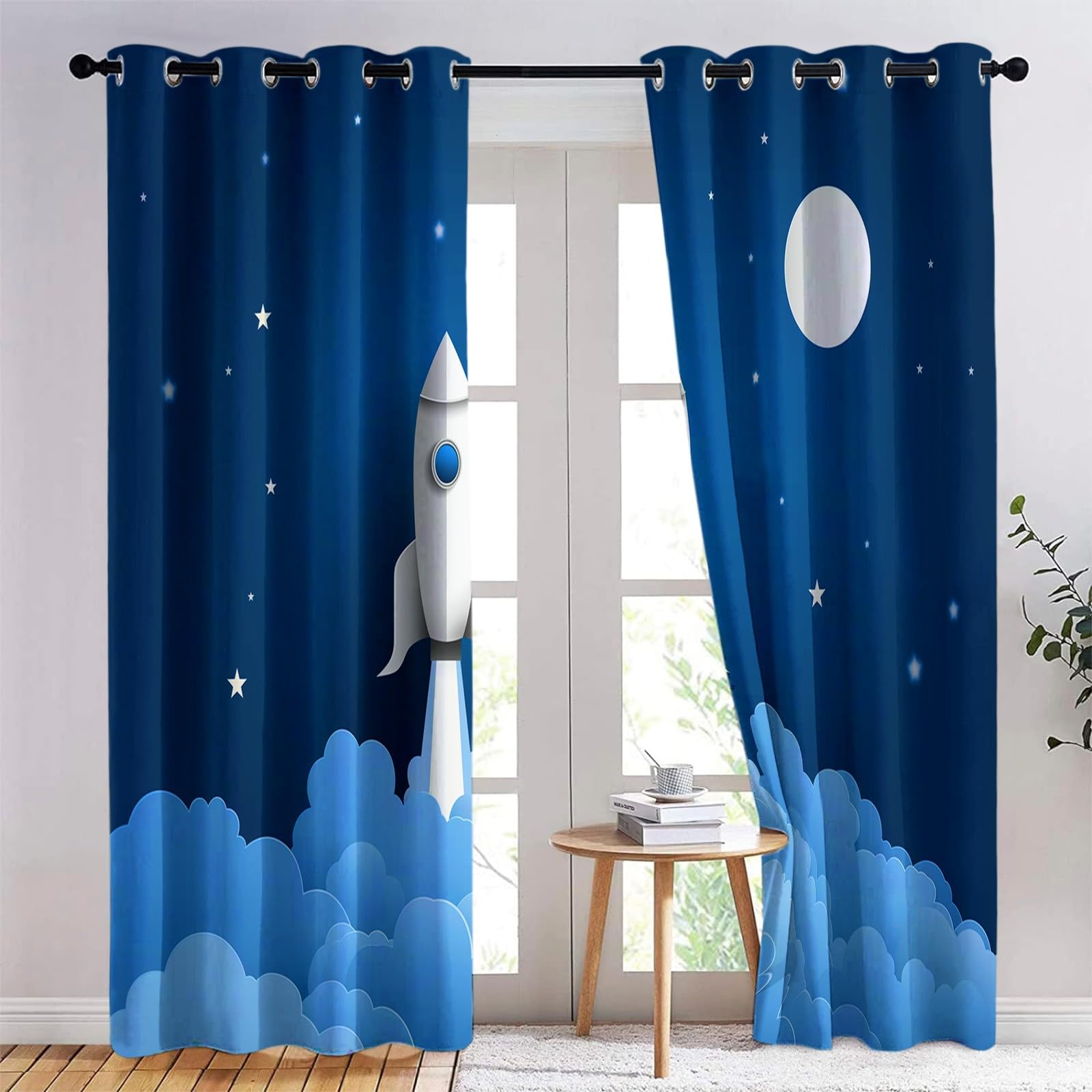 Redukcja hałasu, niebieskie zasłony na przelotkach, nieprzepuszczające światła, wzór minimalizmu, kreskówka, rakieta do salonu i sypialni, 245 x 140 cm (wys. x szer.), zestaw 2 sztuk