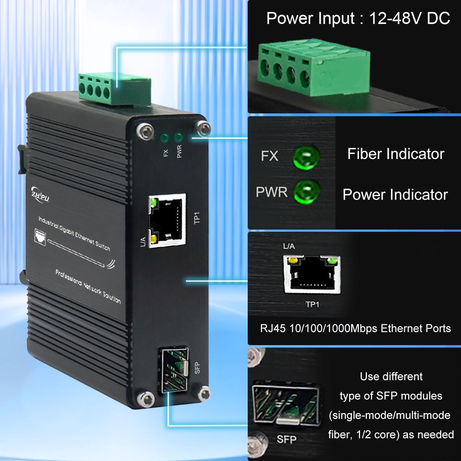 Mini Industrial 1.25G SFP Fiber to Ethernet Media Converter Supports DIN-Rail Installation, 1x 100/1000Base-X SFP Slots to 1X 10/100/1000Base-T RJ45 Gigabit 2 Port Fiber Switch, 12~48V DC Power Input