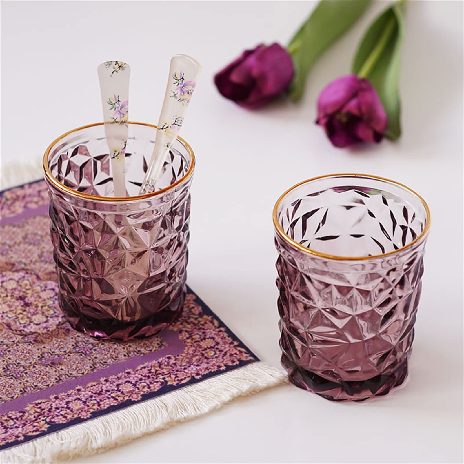 Glas Kaffeetassen 2er Set Diamant Form Trinkgläser Wein Whiskey Cocktail Saft Glas Rot Glastasse mit Goldenem Rand Glas Kaffeetassen
