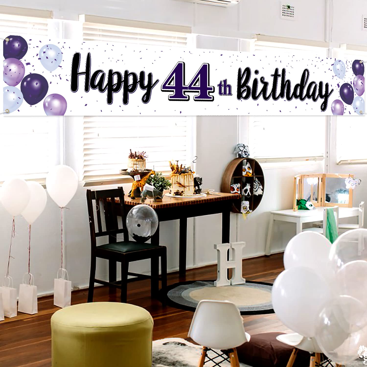 LASKYER Happy 44th Birthday Banner - 78x47 Inch Purple Backdrop For 44th Birthday Party Decorations, Photo Prop