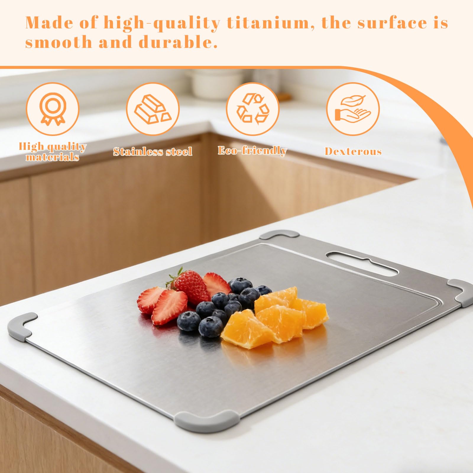 Tabla de Cortar de Acero Inoxidable y PP, Uso Doble Cara y Antibacteriano, 36.5x25cm Antideslizante, Amigable con Cuchillos con Canal de Jugo y Mango, Libre de BPA Apto para Alimentos