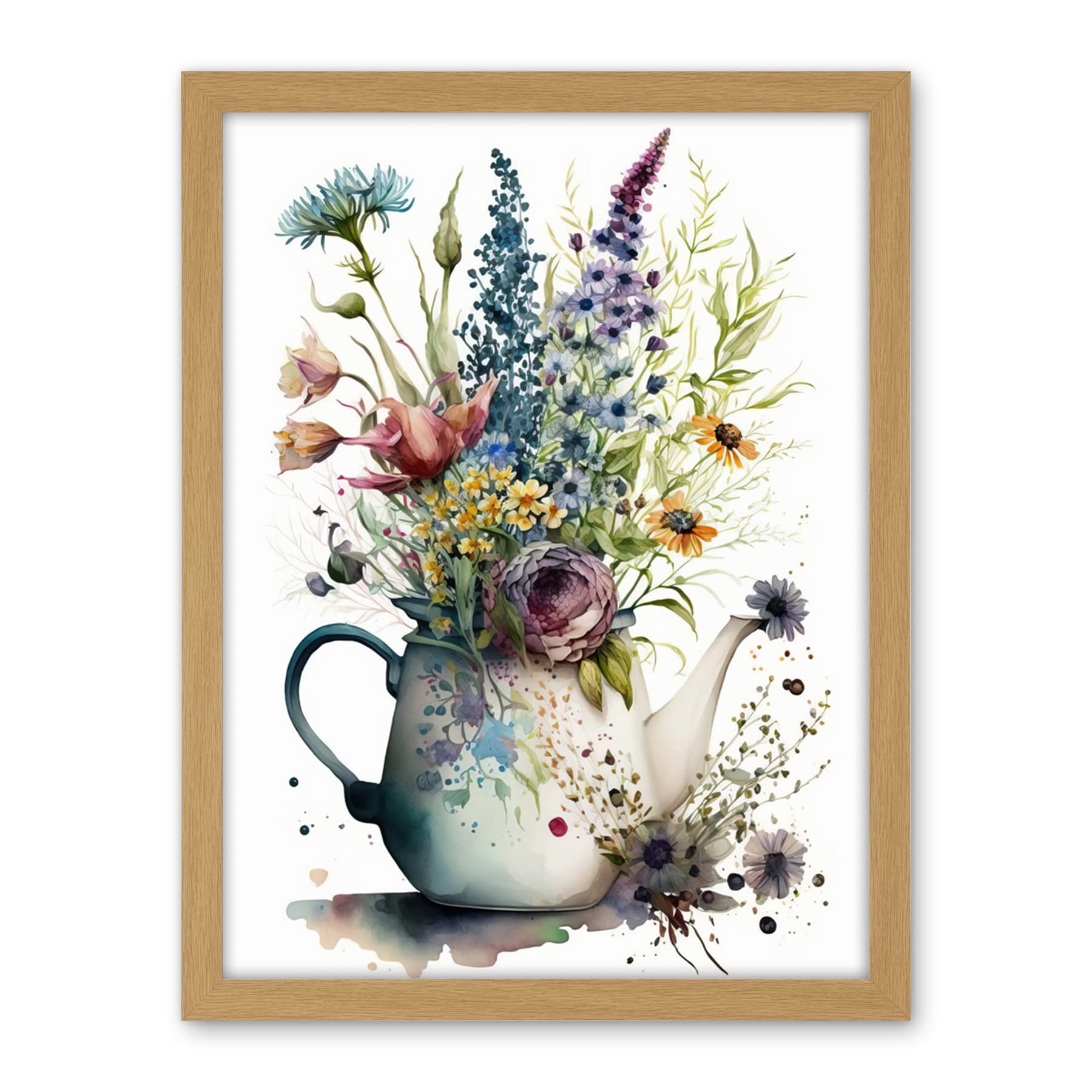 Artery8 Spring Wildflower Floral Bouquet in a Teapot Vase Artwork Framed Wall Art Print 18X24 Inch