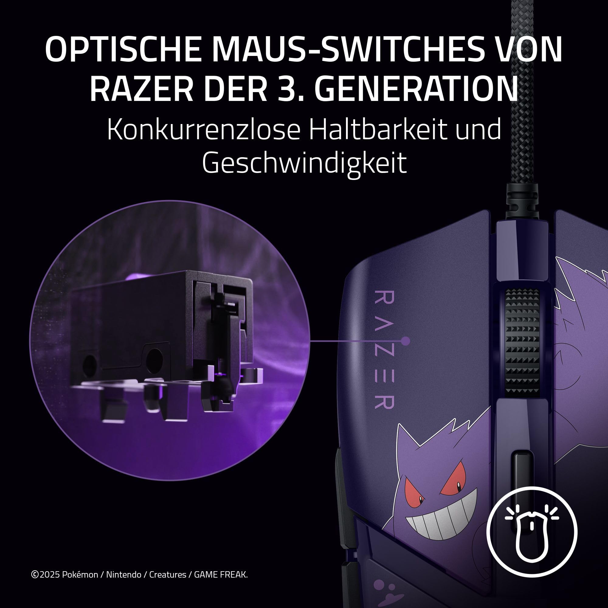 Razer Cobra Gengar Edition - Leichte kabelgebundene Gaming-Maus - 8500 DPI Sensor - 58g - optische Mausschalter 3th Gen - Chroma-Beleuchtung - Speedflex-Kabel - PC/MAC | Pokémon Gengar