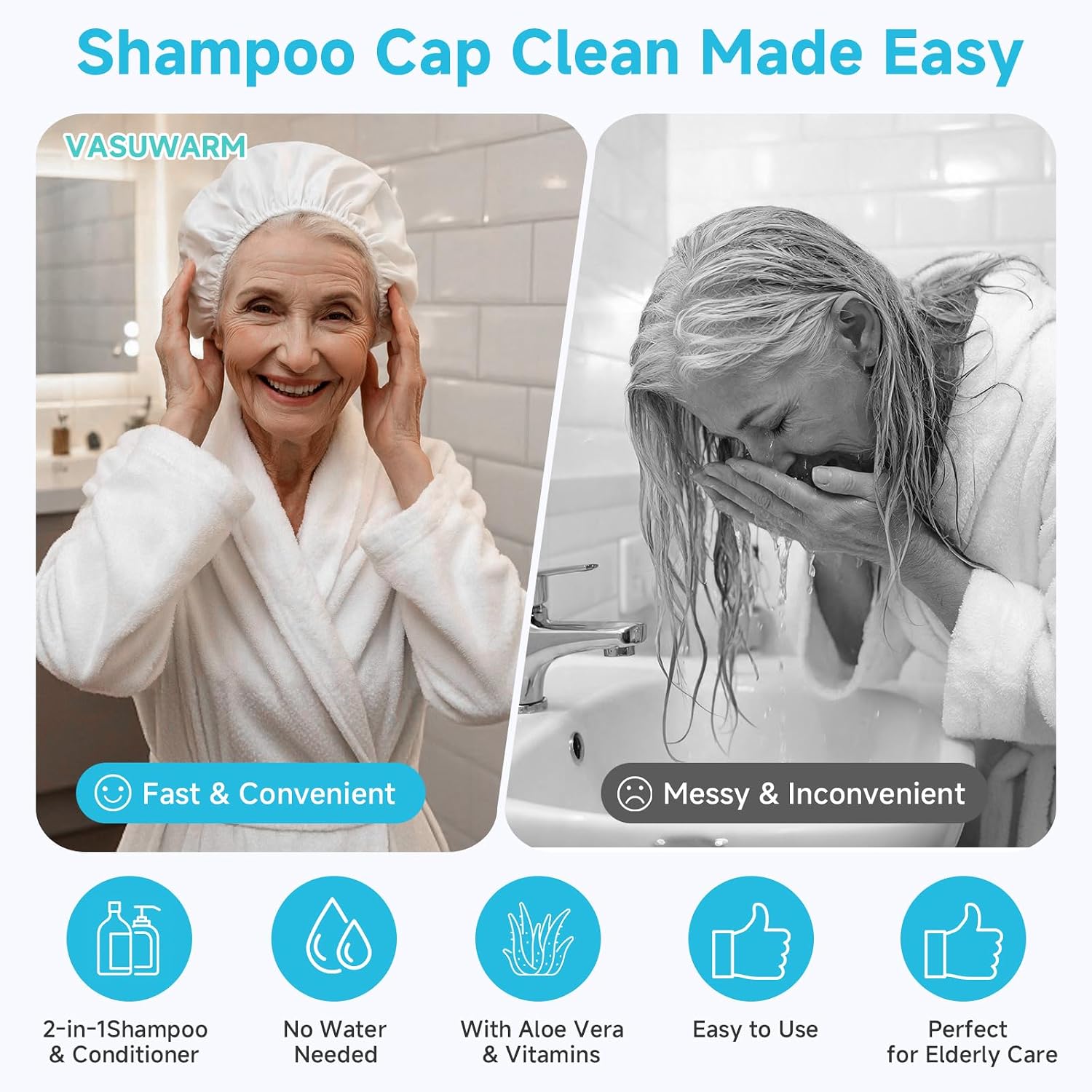 6 Pack Shampoo Caps No Rinse, Waterless Rinse Free Hair Washing Cap for Bedridden Patients, Elderly and Post Surgery, Portable Individually Packaging Suitable for Hospital, Camping, Home Use