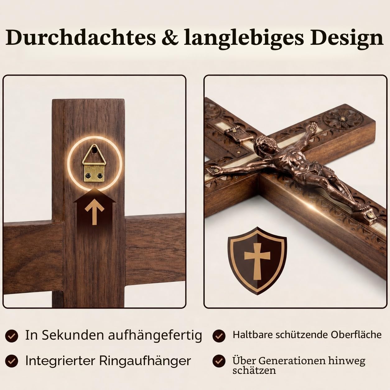 Woodvio - Handgefertigtes hölzernes Wandkreuz, Handgeschnitzte Oberfläche, katholisches Kruzifix