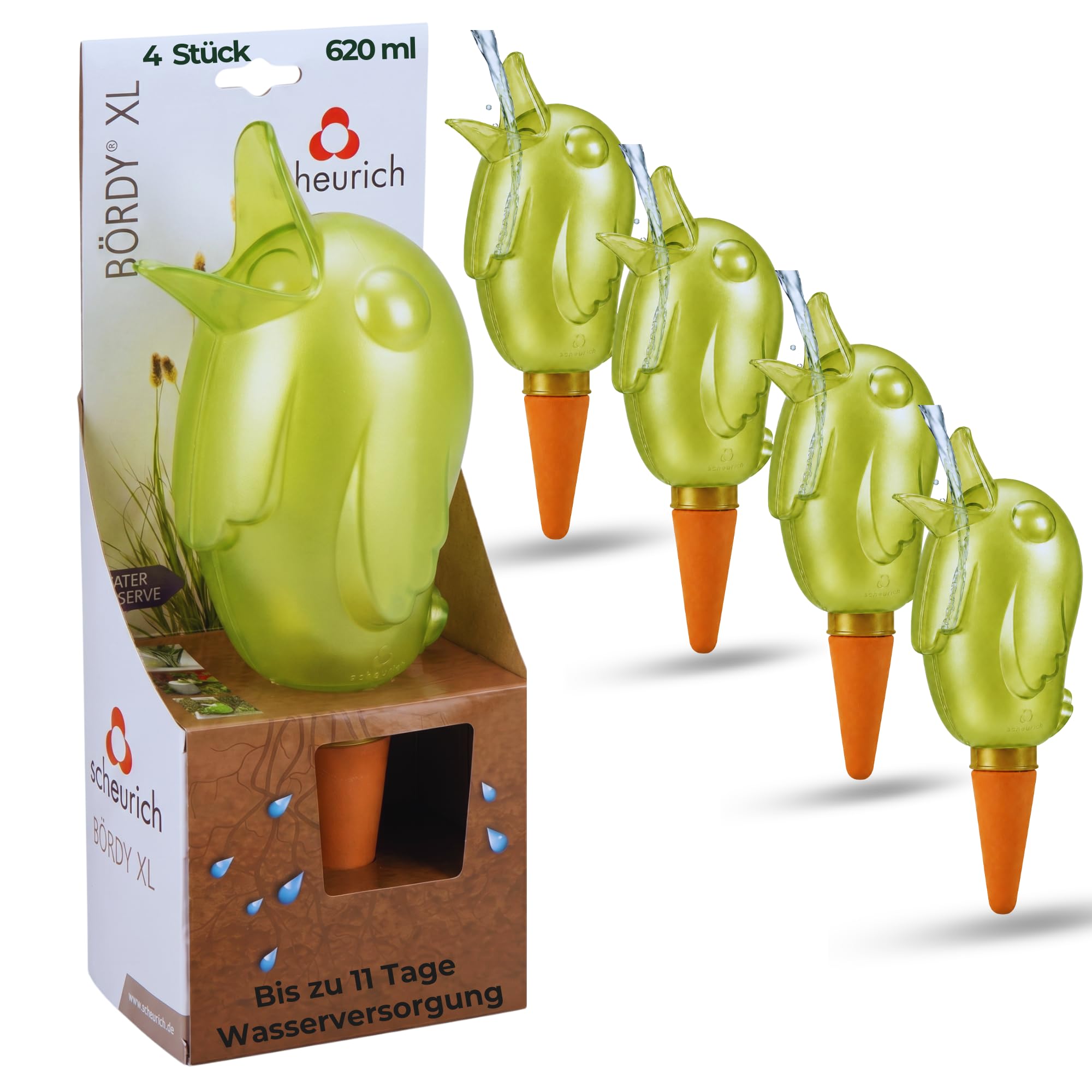 Scheurich Wasserspender XL Grün 4 Stück - 620ml Wasser für bis zu 7 Tage Green Pearl Höhe 29 cm mit Tonkegel