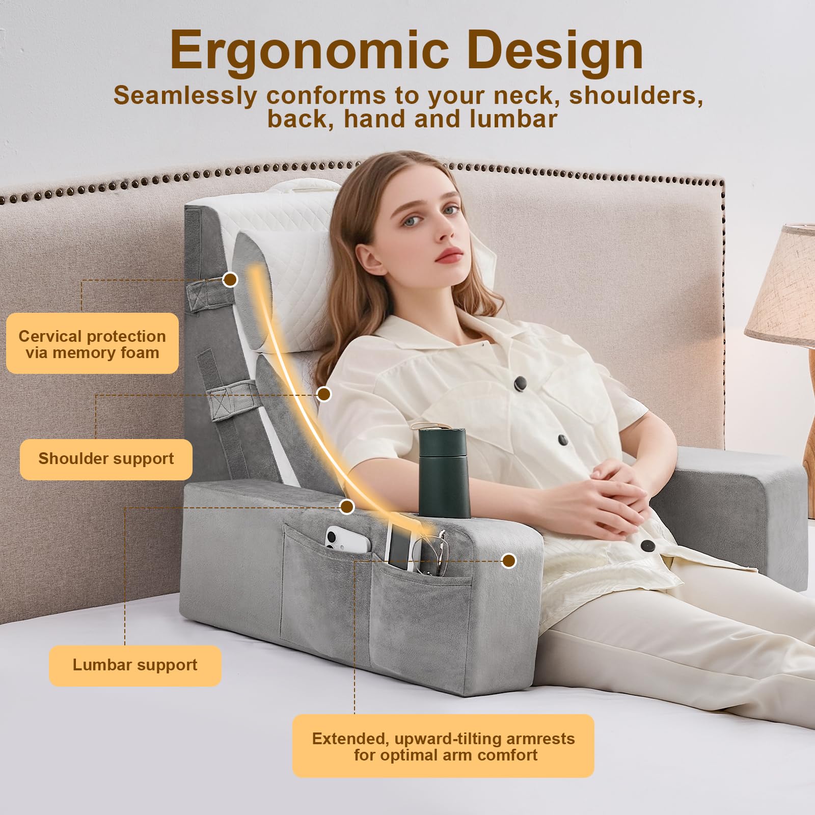 Lesekissen für Bett und Sofa,Bücherkissen mit Abnehmbarer Nackenrolle & Armlehne,Rückenkissen Bett, Wandkissen Multifunktions-Keilkissen zum Lesen, Arbeiten