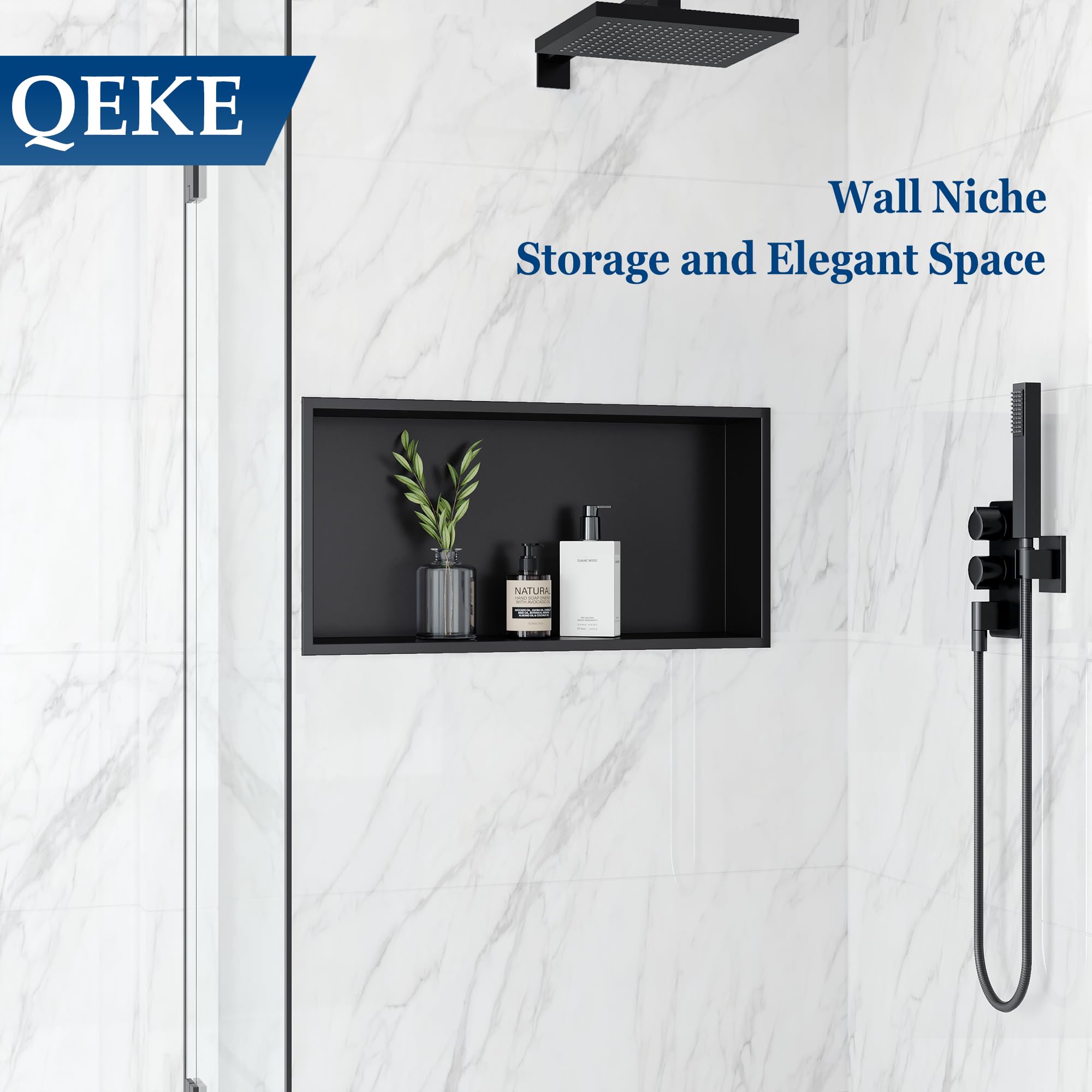 Qeke Niche de Douche encastrée, Étagère Murale avec Cadre, 60 cm, Noir | Acier inox 304, anti-rouille, étanche, facile à nettoyer, plusieurs tailles, rangement douche
