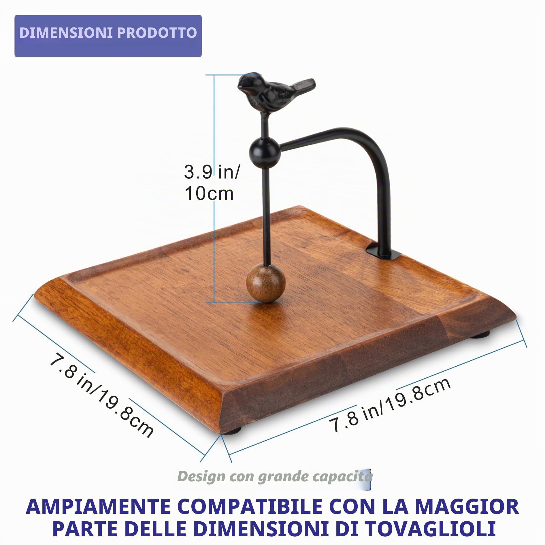 Portaservietta in legno con manico a forma di uccello, Elegante portaservietta piatto con braccio pesato per serviette di carta, serviettes da cocktail – Perfetto per cucina, tavolo da pranzo, caffè