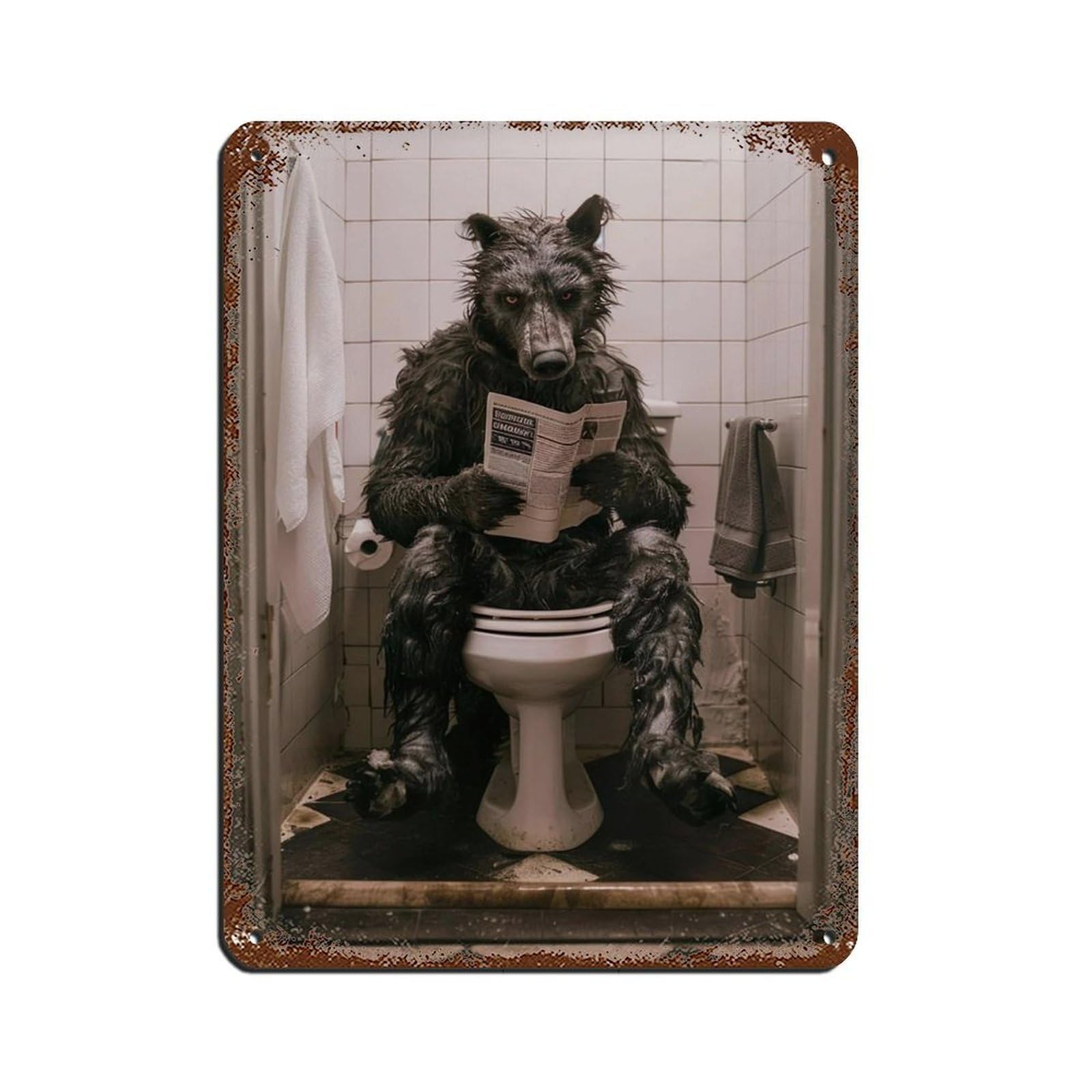 Werewolf Sitting on The Toilet Reading A Newspaper (2) Retro Poster Metal Tin Sign Chic Art Retro Iron Painting Bar People Cave Cafe Family Garage Poster Wall Decoration 12x16inch(30x40cm)