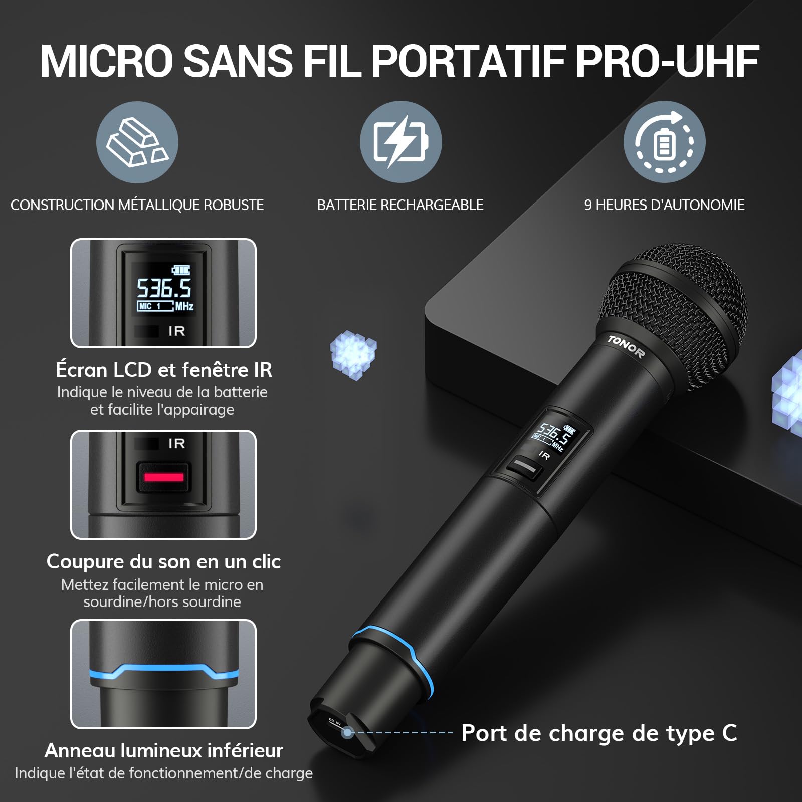 TONOR Micro sans Fil Professionnel, système de Microphone sans Fil Rechargeable, Micro Dynamique en métal 2x100 UHF pour karaoké, église, Chant, Mariage, DJ, Auto Scan, 100M, TW750