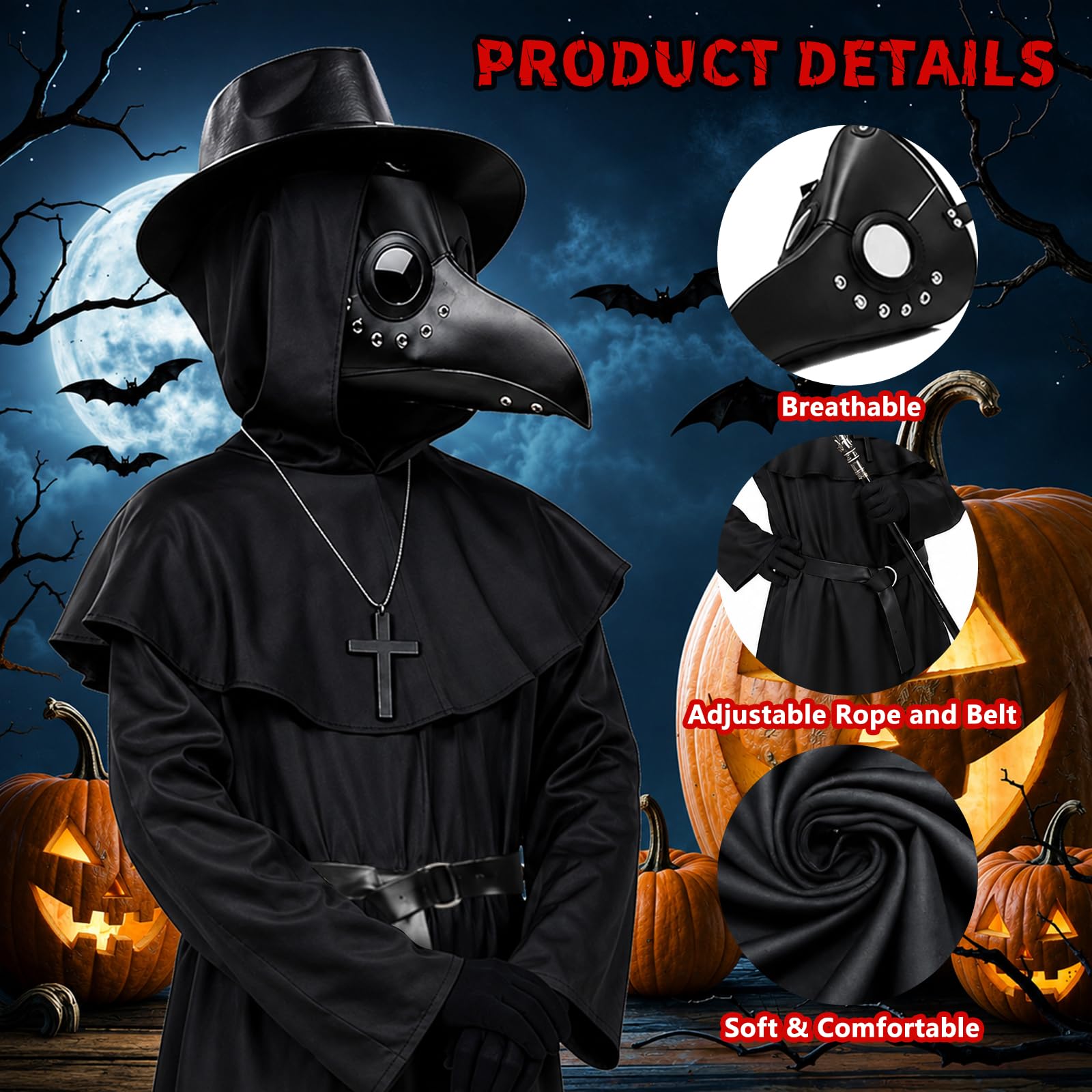 Pestdoktor Kostüm Herren, Plague Doctor Costume Erwachsene mit Maske, Zepter, Hut, Handschuhe, Halskette und Gürtel, Halloween Kostüm Herren, Pestarzt Kostüm für Halloween Karneval Cosplay