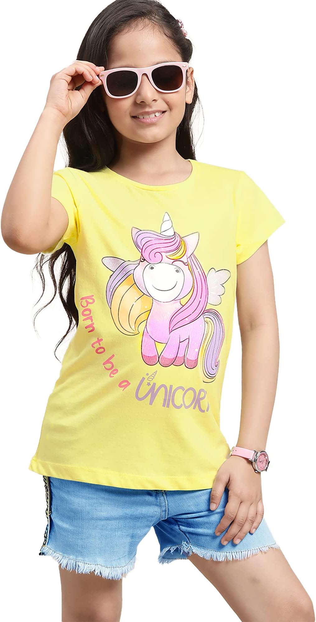 KidsvillePrinted Regular Fit Yellow Cotton Girl's T-Shirt