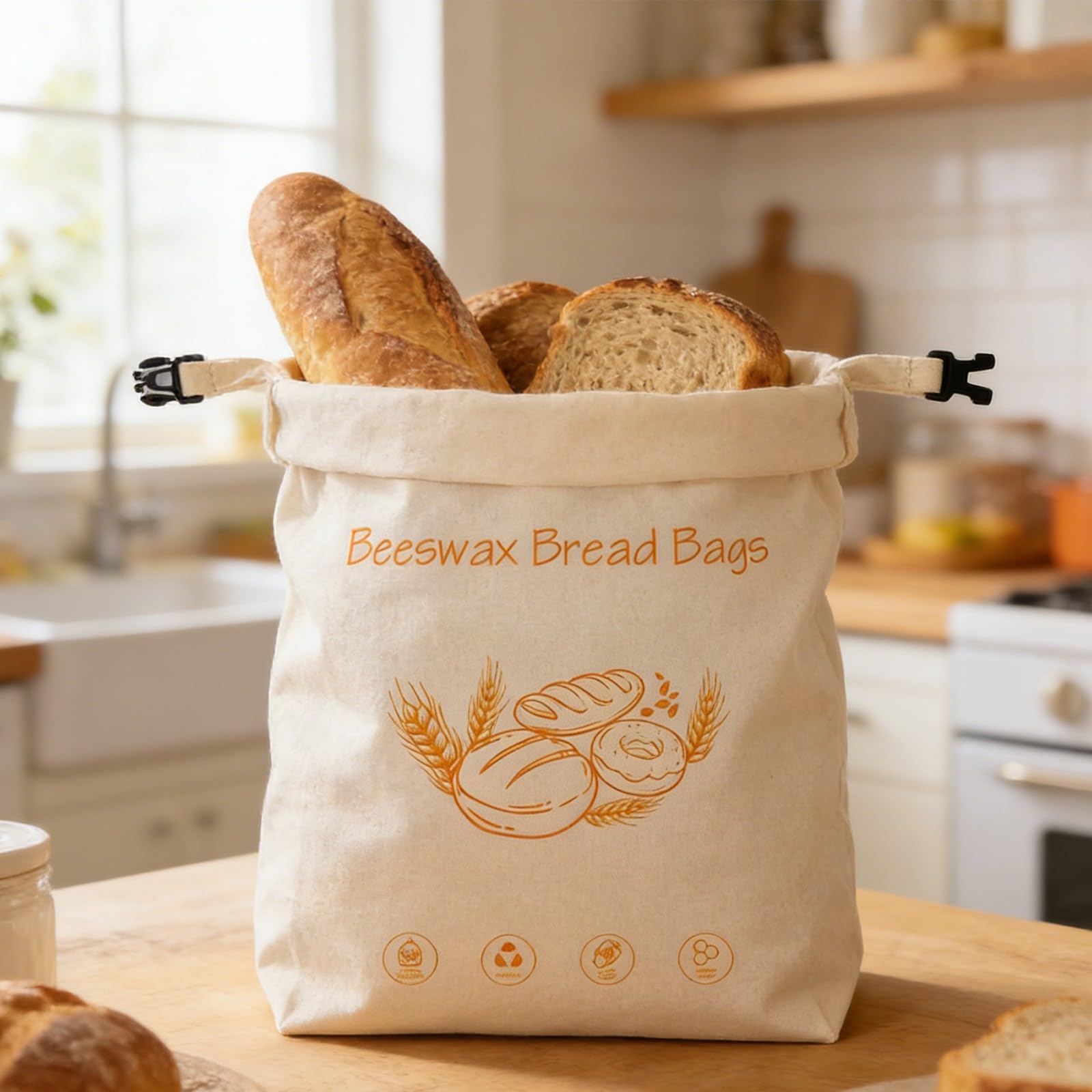 Borsa per alimenti in cotone biologico, cera d'api, con elastico e moschettone, essenziale per la cucina sostenibile per pane, formaggio, soluzione sostenibile per la cucina