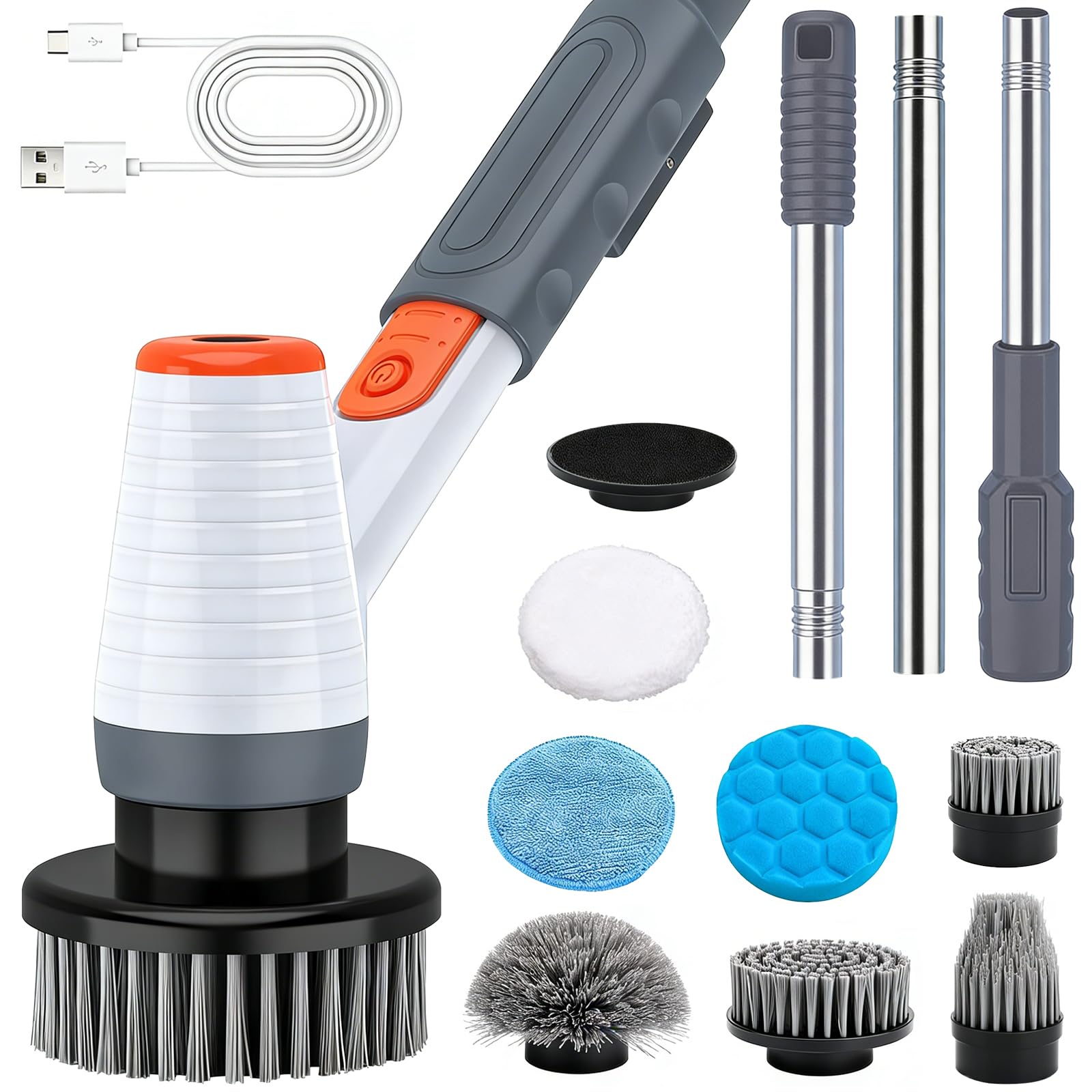 Electric Spin Scrubber, Cordless Cleaning Brush with 8 Replaceable Brush Heads, Extendable Long Handle Aquarium Cleaning Scrubber, Fish Tank Cleaning Brush, Algae Scrapers Cleaning Tool Set