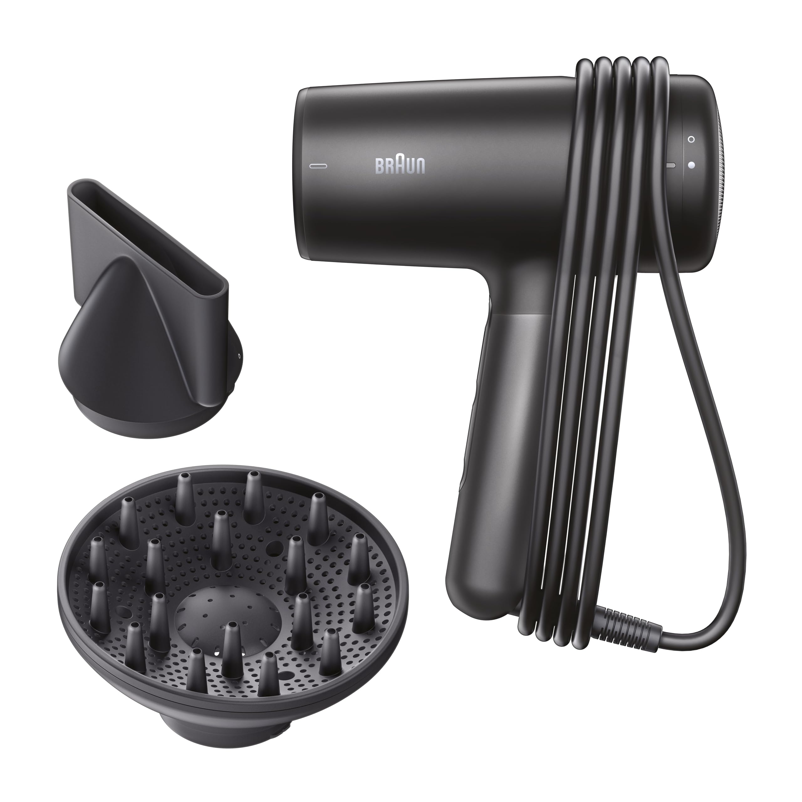 Braun Haartrockner HD4.2 – Leichter Hochleistungs-Föhn mit Diffusor und Stylingdüse für alle Haartypen, Super IONTEC Technologie, 2100W, 3 Temperaturen und 3 Geschwindigkeiten, Schwarz-Grau, BRHD425E