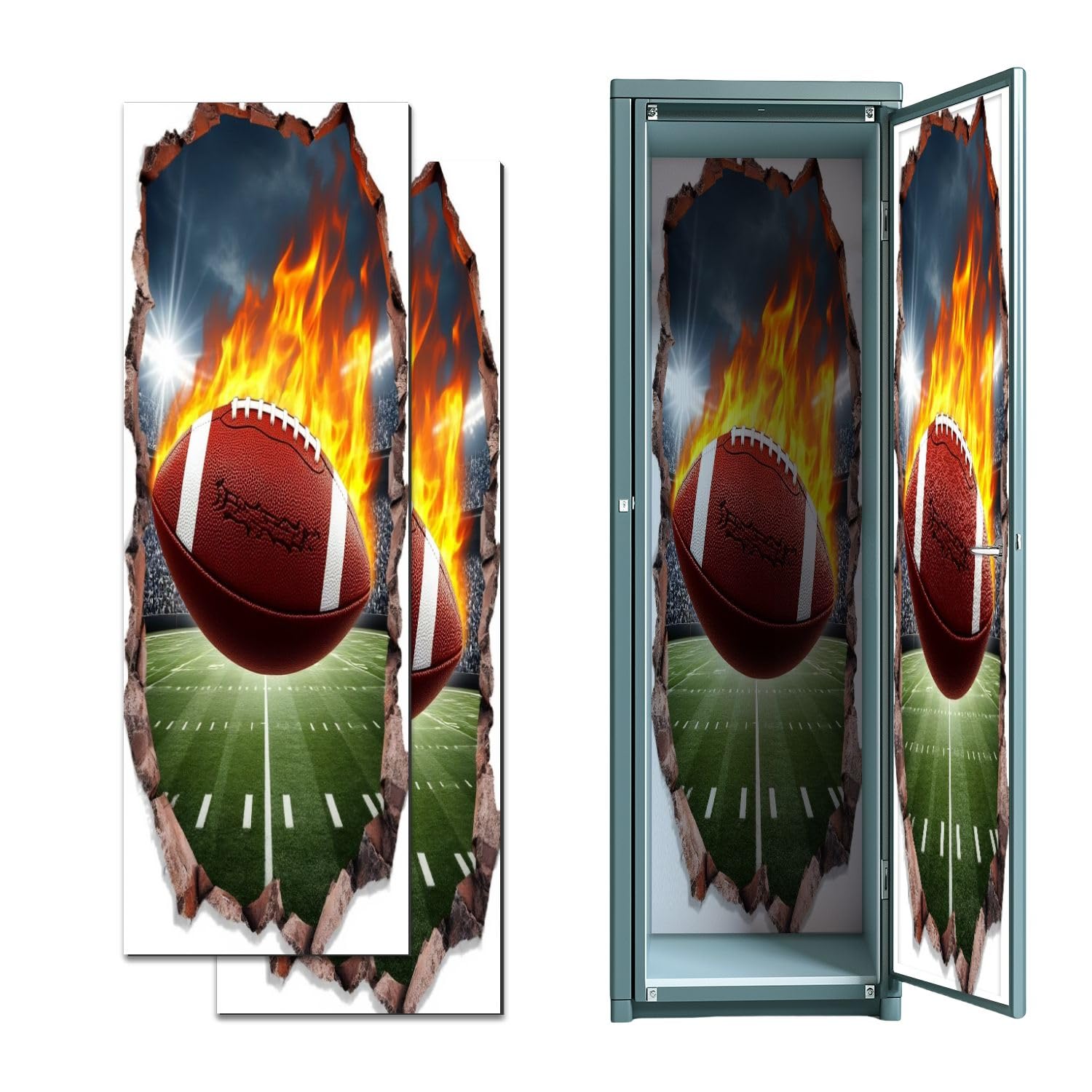 2 Pcs Locker Magnetic Wallpaper 3D Rugby Football Sports Theme American Burning Flames 12" x 36" Wall Magnetic Sticker Removable Locker Accessories Decor Easy Install for Office School