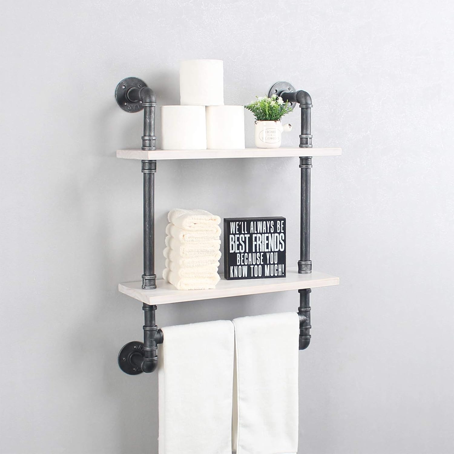 🛒 Crazy Deals Industrial Bathroom Shelves Wall Mounted,19.7in Rustic 2 Layer Bathroom Shelf with Towel Bar,Metal Pipe Storage Wall Shelf for Kitchen,Floating Shelves,Bathroom Shelves Over Toilet,Retro White