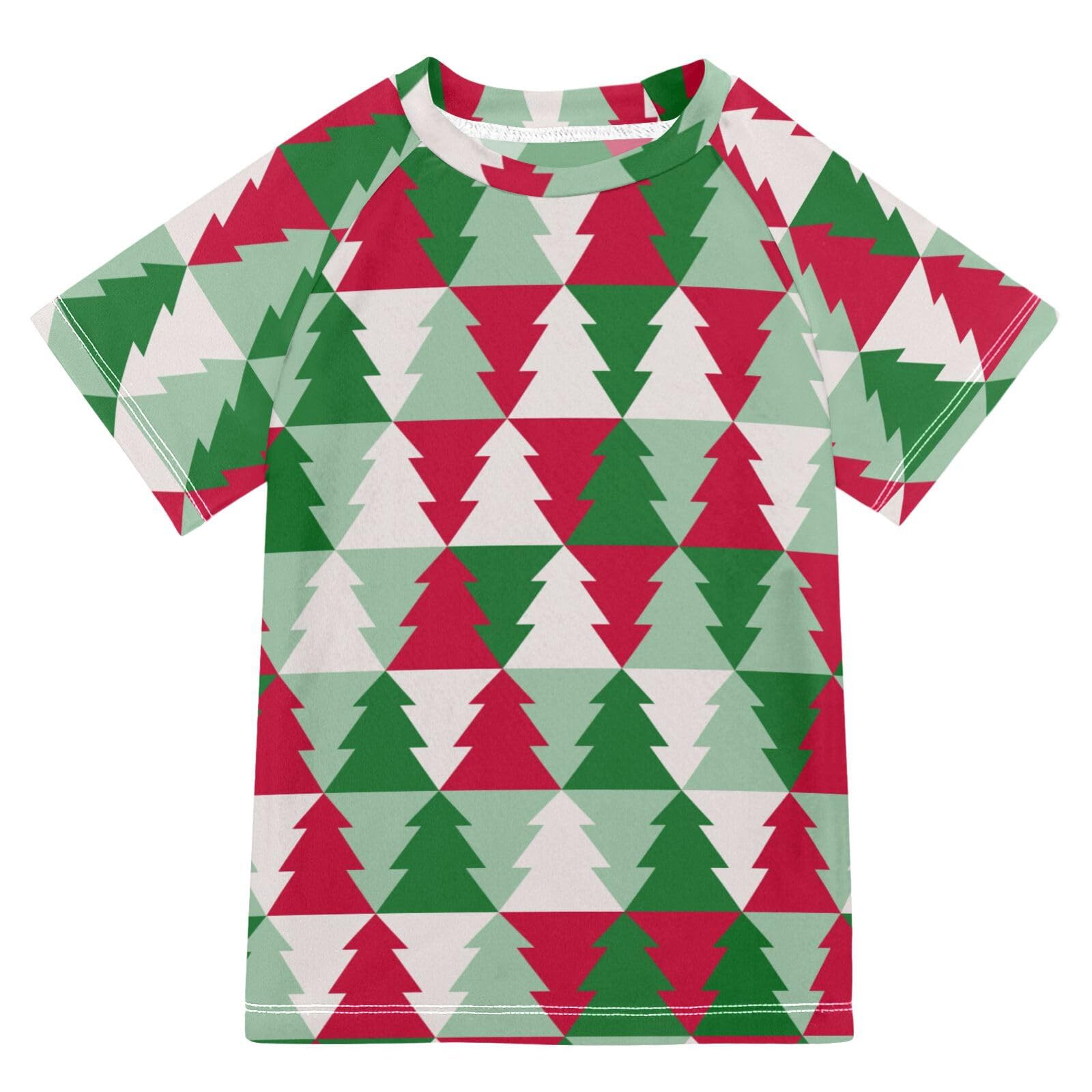 Aflyko Christmas Boys' Swim Shirt Red Green Xmas Tree Rash Guard Beachwear Sun Protection Fishing Hiking Camping Surfing Swimming Toddler Infant Summer Daily T-Shirt, 4T