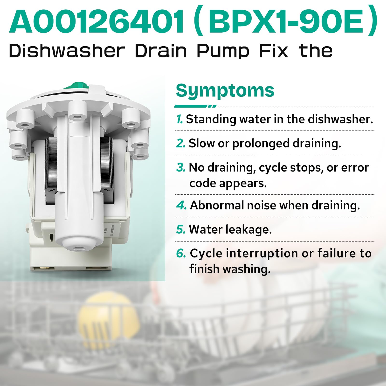 A00126401 154736201 - Bomba de drenaje de lavavajillas de repuesto para Frigidaire Kenmore Crosley, sustituye a BPX1-90E 5304492415 PS8689824 AP5690431