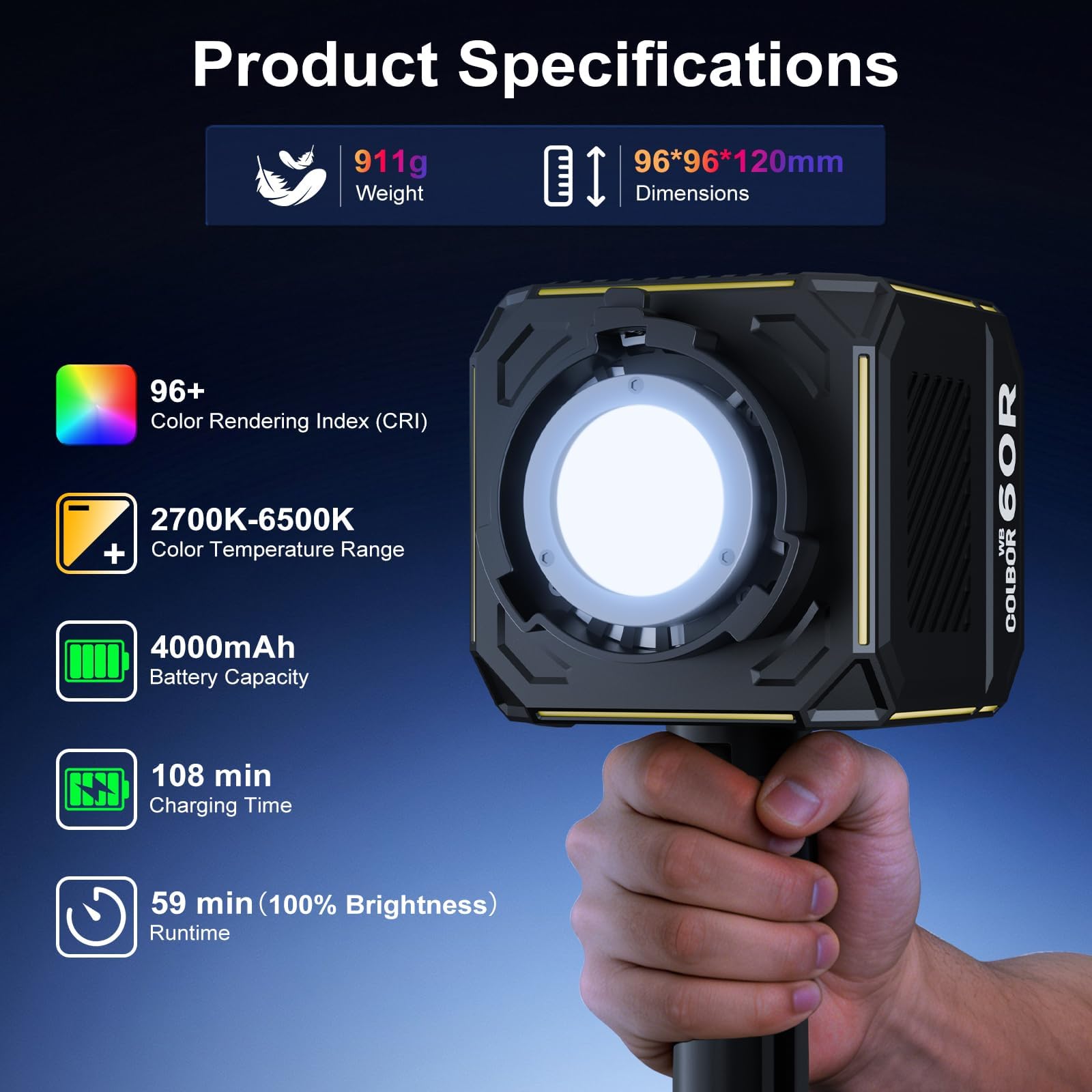 COLBOR - Luz de video LED de 60 W, luz COB RGBCW portátil con batería integrada de 59 Wh, 2700 K-6500 K bicolor y a todo color, CRI 96+, control de aplicación, compatible con alimentación PD/DC, luz
