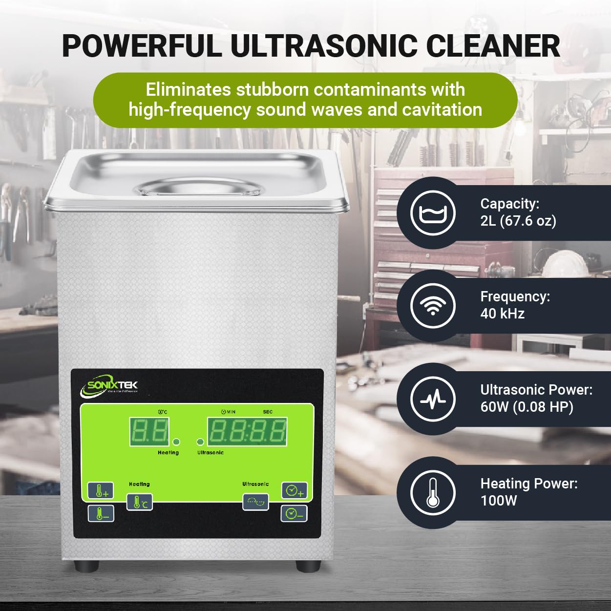 Pulitore ad Ultrasuoni 2L Pulitore a Ultrasuoni 60W Ultrasuoni Industriale in Acciaio Inossidabile con 100W Riscaldatore per Casa e Laboratorio Professionale per Gioielli Occhiali Orologi