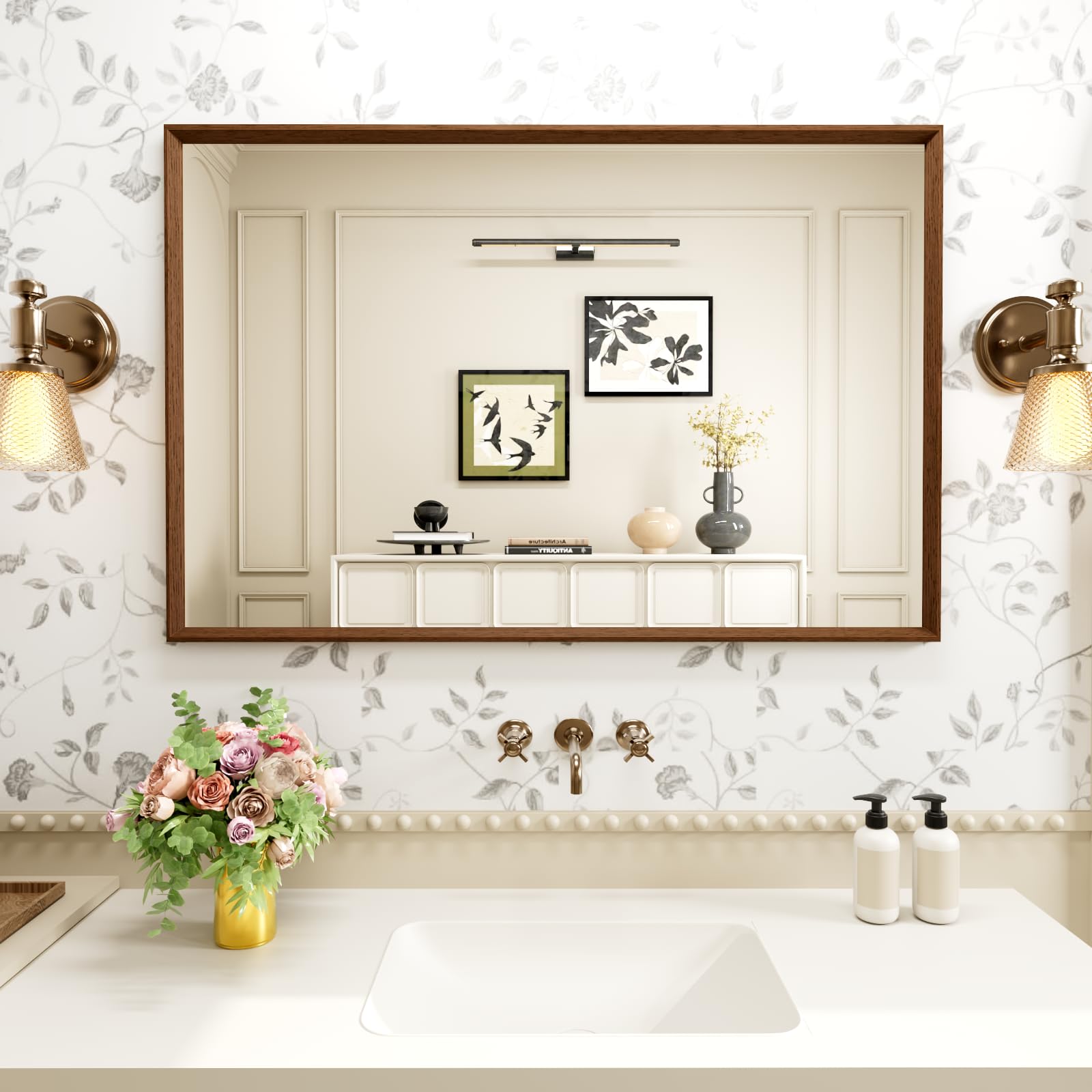 WEER Brown Bathroom Mirror, 60x90cm Polymer Frame Rectangular Wall Mirror with Wood Effect, Moisture-Resistant Vintage Home Decor for Bathroom, Bedroom, Living Room, Horizontal or Vertical