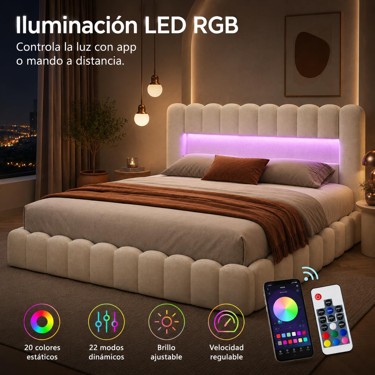 Cama Canapé Abatible 180x200cm con Almacenaje Hidráulico, Cama Matrimonio Tapizada con LED, USB y Tipo C, Cabecero Acolchado con Estante, Somier de Láminas Incluido, Lino Beige, Sin colchón