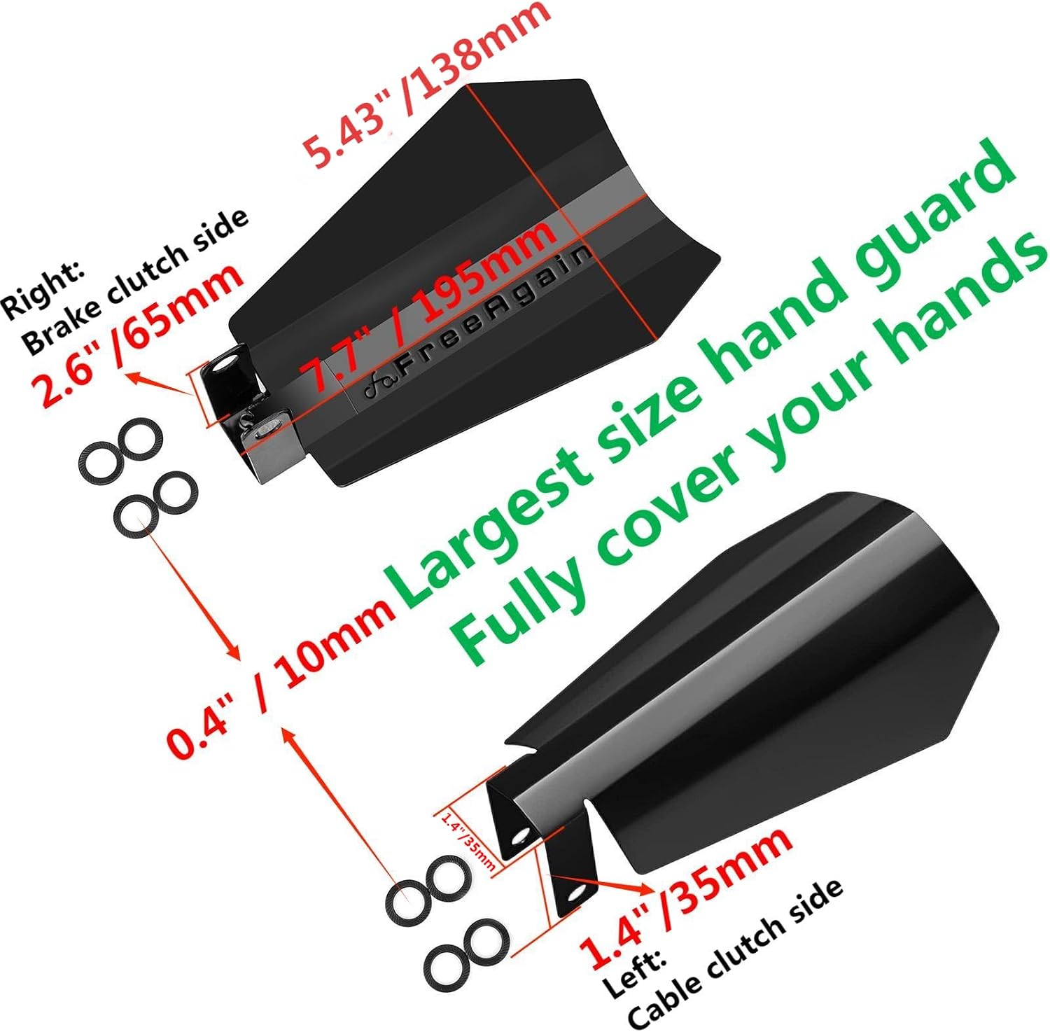 FreeAgain Oversized Coffin Cut Motorcycle Handguards | Extra-Large for Riders with Larger Hands | Compatible with Harley Davidson Touring, Sportster, Dyna Models | Durable Gloss Black Finish