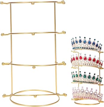 Crown Display 4 Tier 7x11 Inch Golden Crown Holder Smooth & Non Scratch Elegant Metal Tiara Stand for Vanity, Dresser