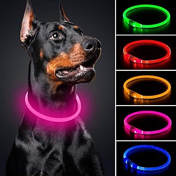 BSEEN LED Dog Collar - Cuttable Water Resistant Glowing Dog Collar Light Up, USB Rechargeable Pet Necklace Loop for Small, Medium, Large Dogs (Candy Pink)