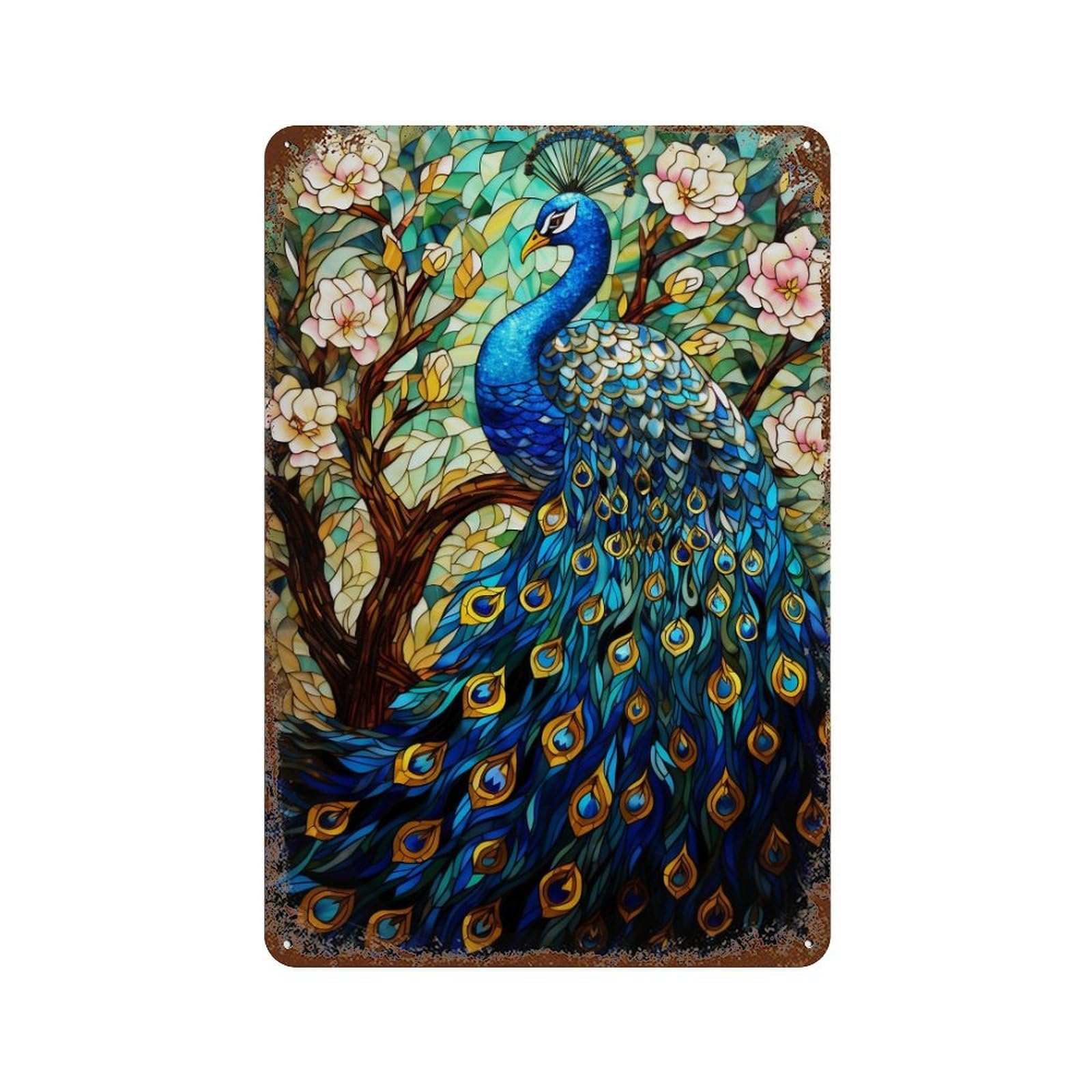 Stained Glass Peacock Artwork-7 11.8"x7.9" Decorative Tin Sign, Retro Wall Decor for Garage, Bar And Workshop Decor