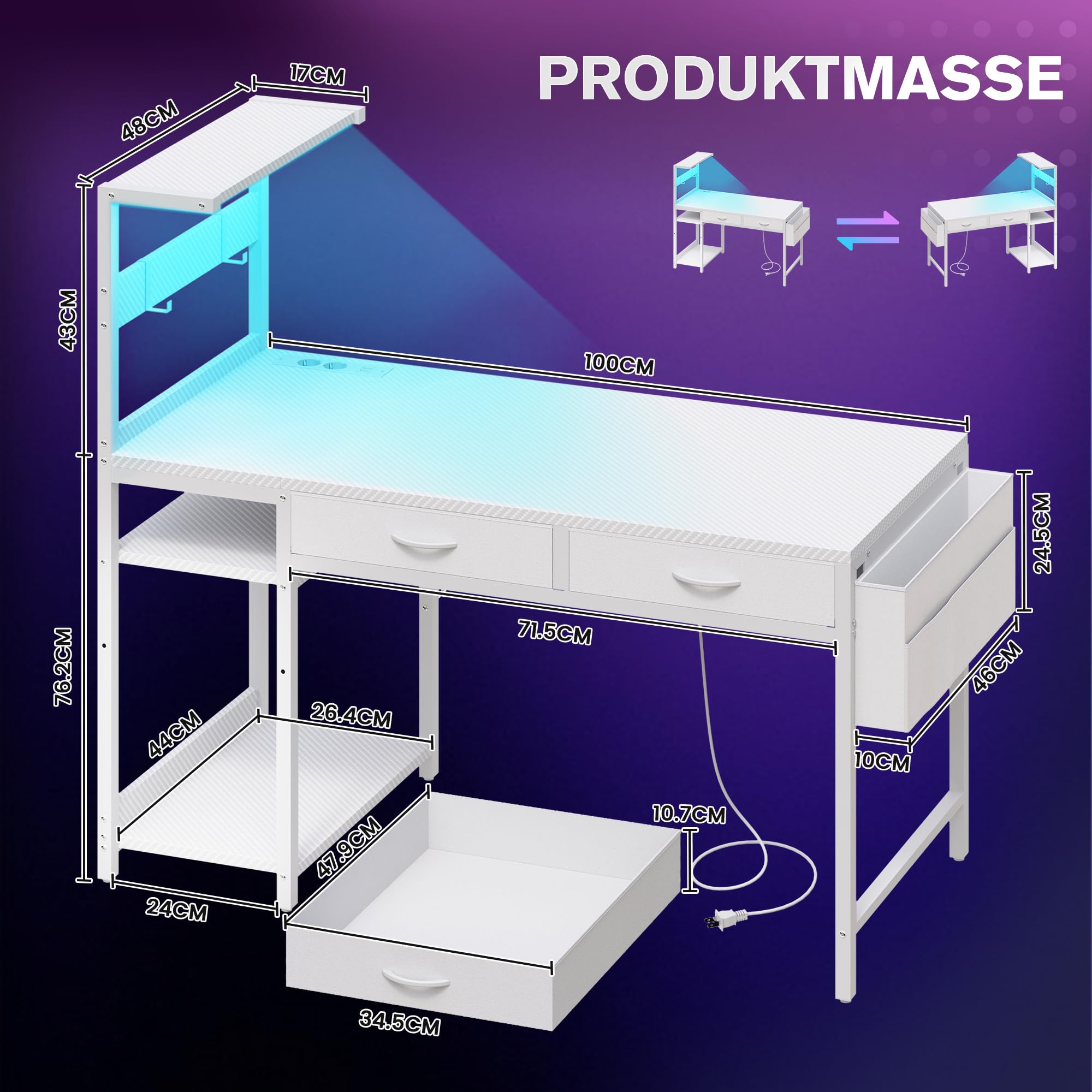 YOUDENOVA Stół gamingowy z diodami LED i gniazdkami, 100 cm, małe biurko z 2 szufladami, kieszeń boczna i półką, włókno węglowe, biały, stolik pod komputer do sypialni, domowego biura, pokoju