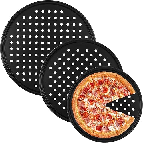 3 bandejas para pizza crujientes, 9.61112.6 pulgadas antiadherentes con agujeros para horno, bandejas de pizza perforadas, suministros redondos de