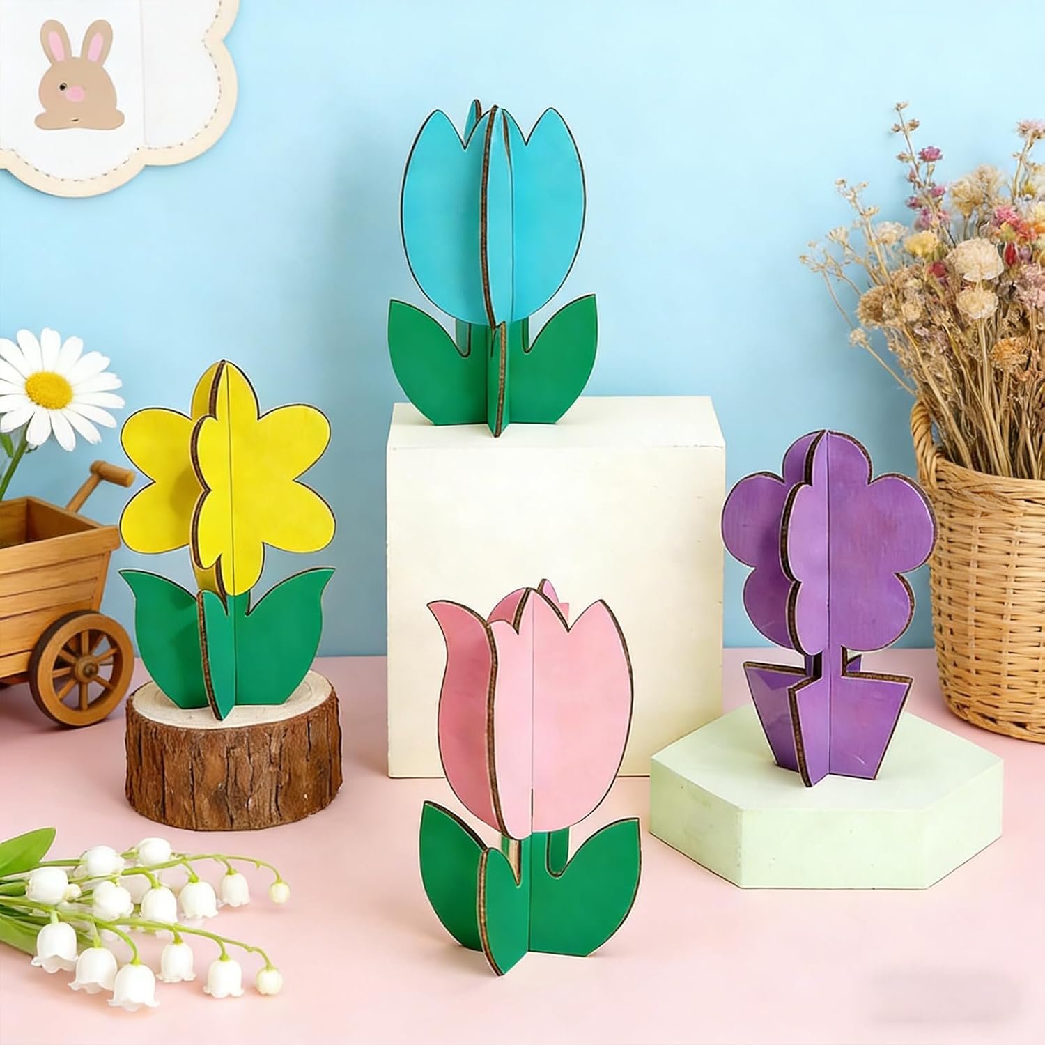 Mykzarpnix Wooden Flower Painting Kit, 12 Unfinished Wood 3D Flowers to Paint, DIY Spring Craft Set for Adults and Family, Blank Tulip Wood Cutouts for Home Decor, Tabletop Mantel Display