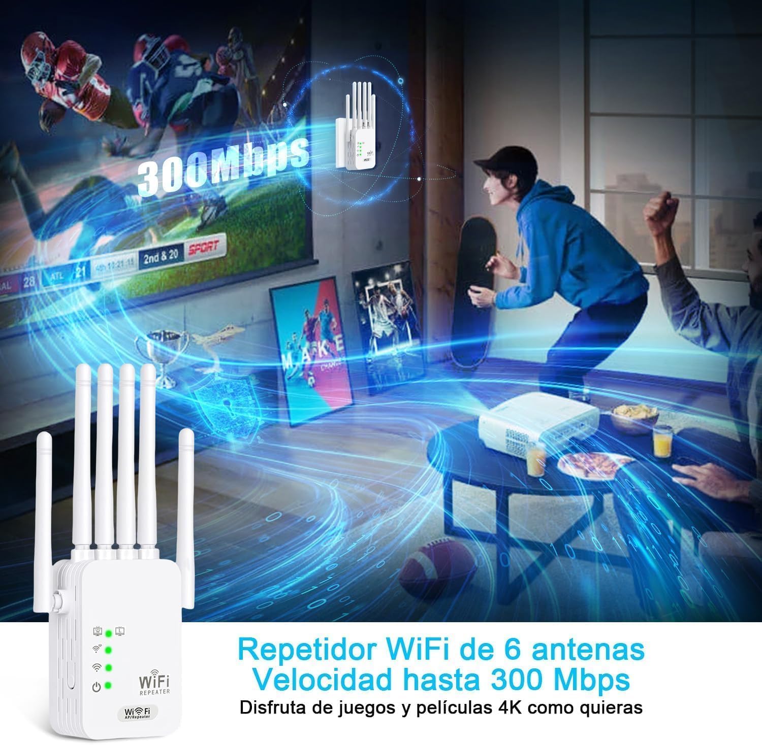 Repetidores WiFi, amplificadores WiFi potentes, Extensores WiFi, con 6 Antenas, 2 Puertos LAN, 1200 Metros Cuadrados de Cobertura en el hogar y la Oficina, fáciles de Usar.