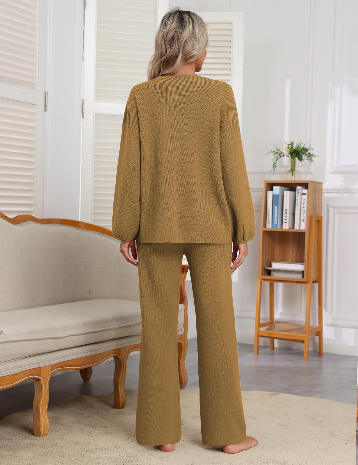 CMTOP Ensemble Femme 2 Pièces Pyjama Hiver Automne Survêtement Jogging Sportswear Col en V Tricot Manches Longue Elastique Taille Haute Pantalon Chic et Elegant Loungewear Set