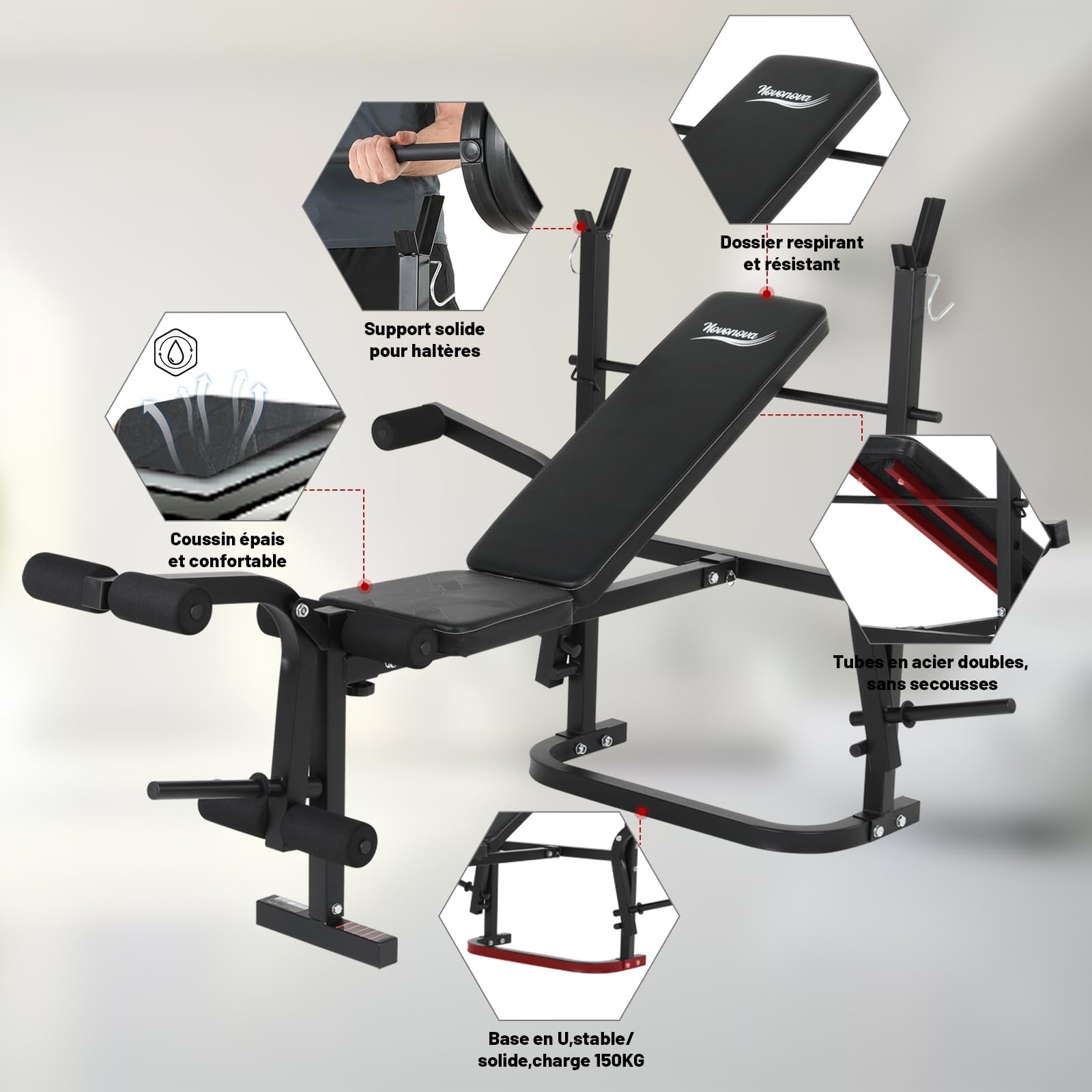 Banc de Musculation Complet Multifonction-Extension Jambe&Butterfly&Banc de Musculation Pliable&Support pour Haltères, Banc Musculation Complet/Banc Developper Coucher Fitness Pliable