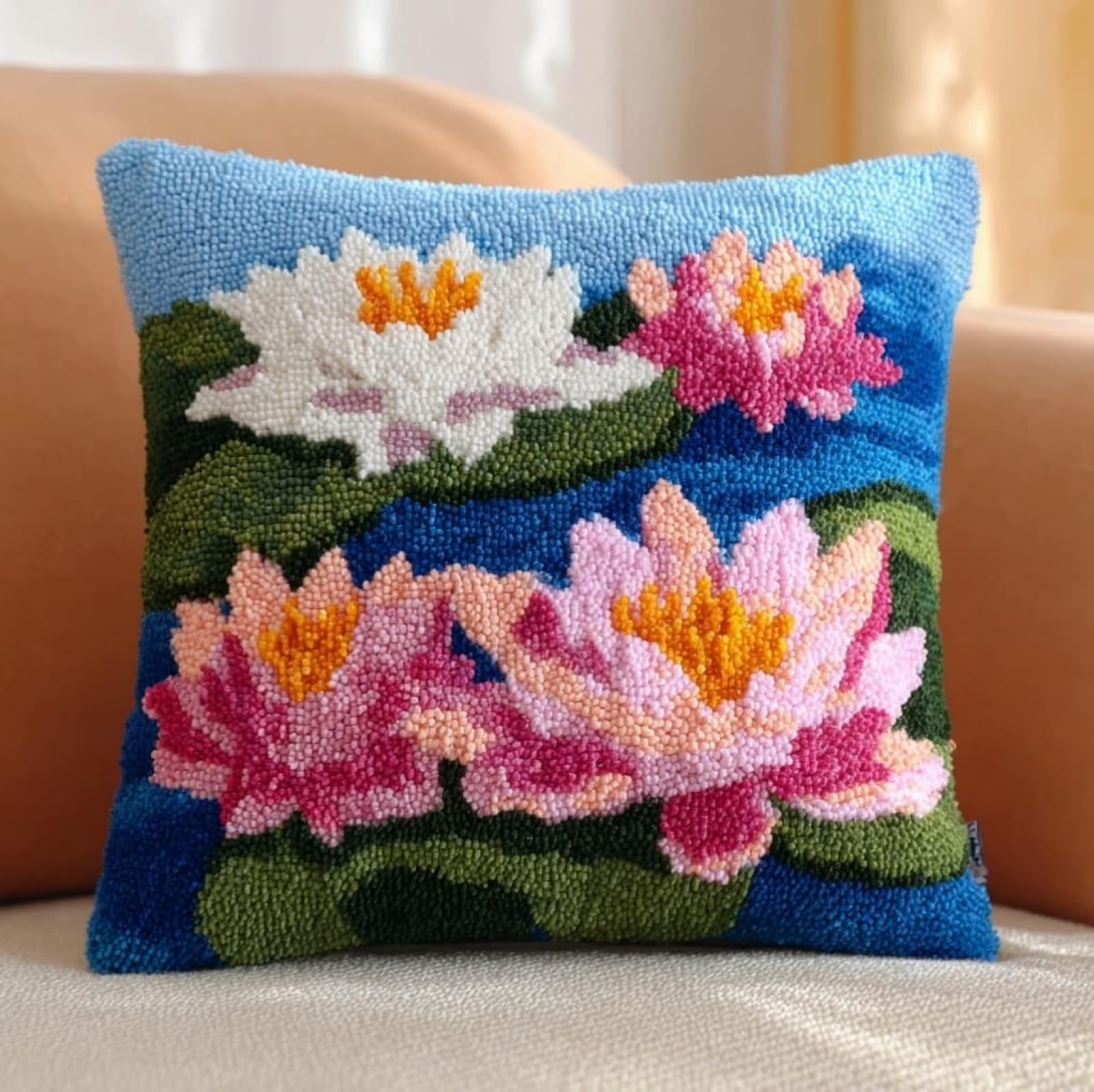 AxiangziK Latch Hook Cushion Kit 17x17 Inch,Beautiful Lotus DIY Pillow Cover Craft Set - Unique Home Decor Gift for Women/Men